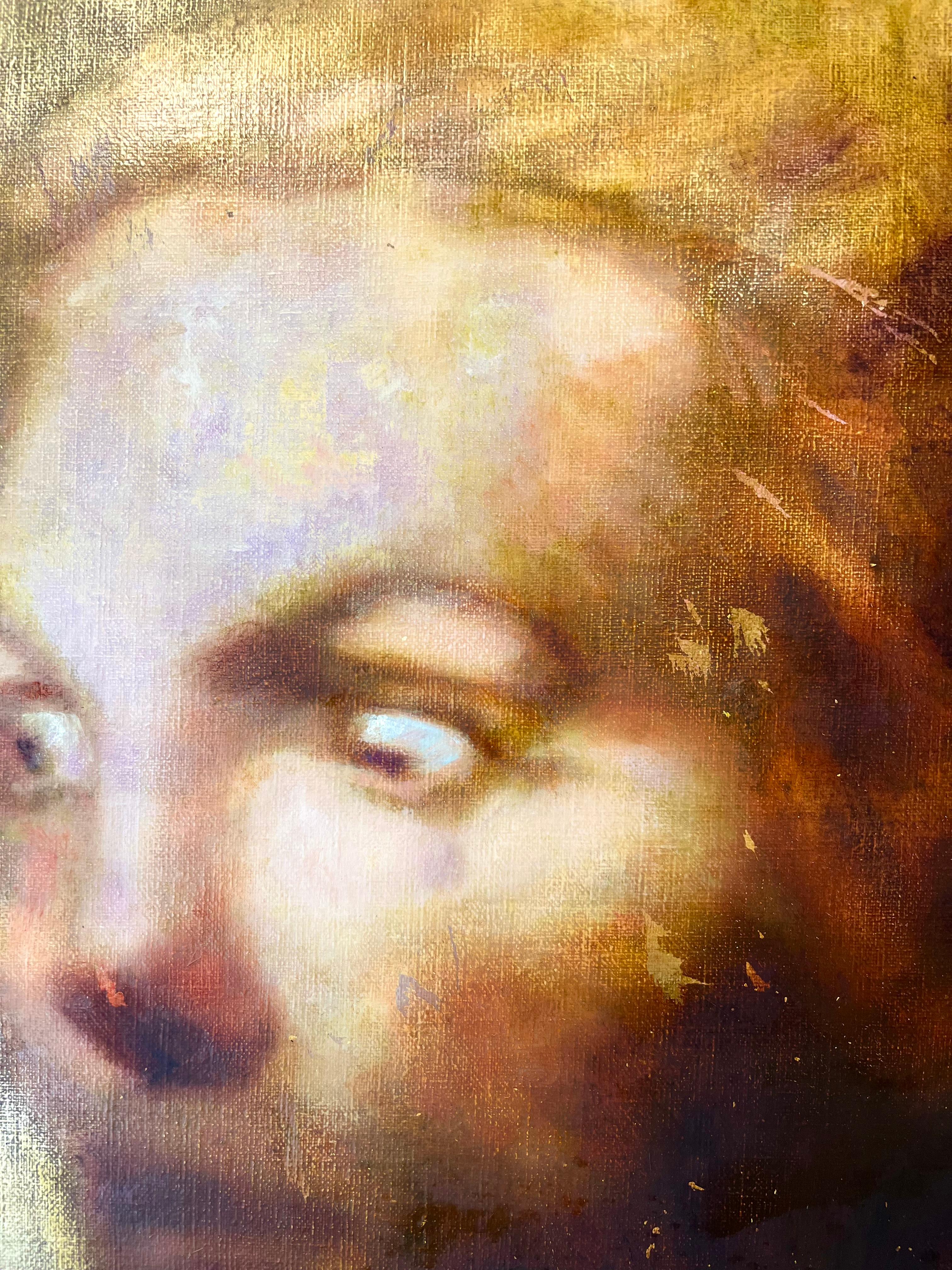 Portrait figuratif moderne abstrait à l'huile sur toile, jaune et brun gestuel  - Painting de Alfonso Gosalbez Berenguer