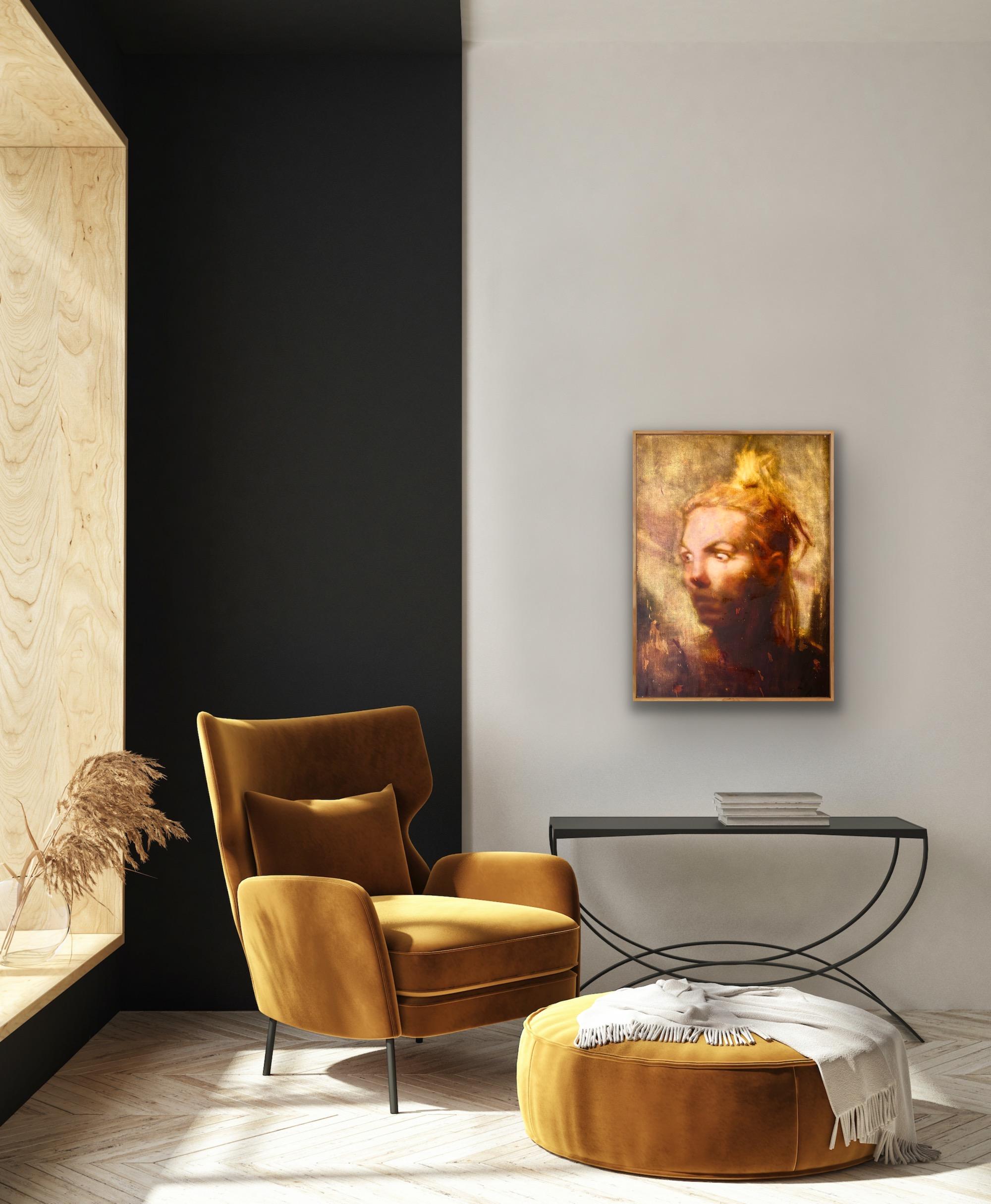 Modernes abstraktes figuratives Porträt, Öl auf Leinwand, auf gestischem Gelb und Braun  im Angebot 1