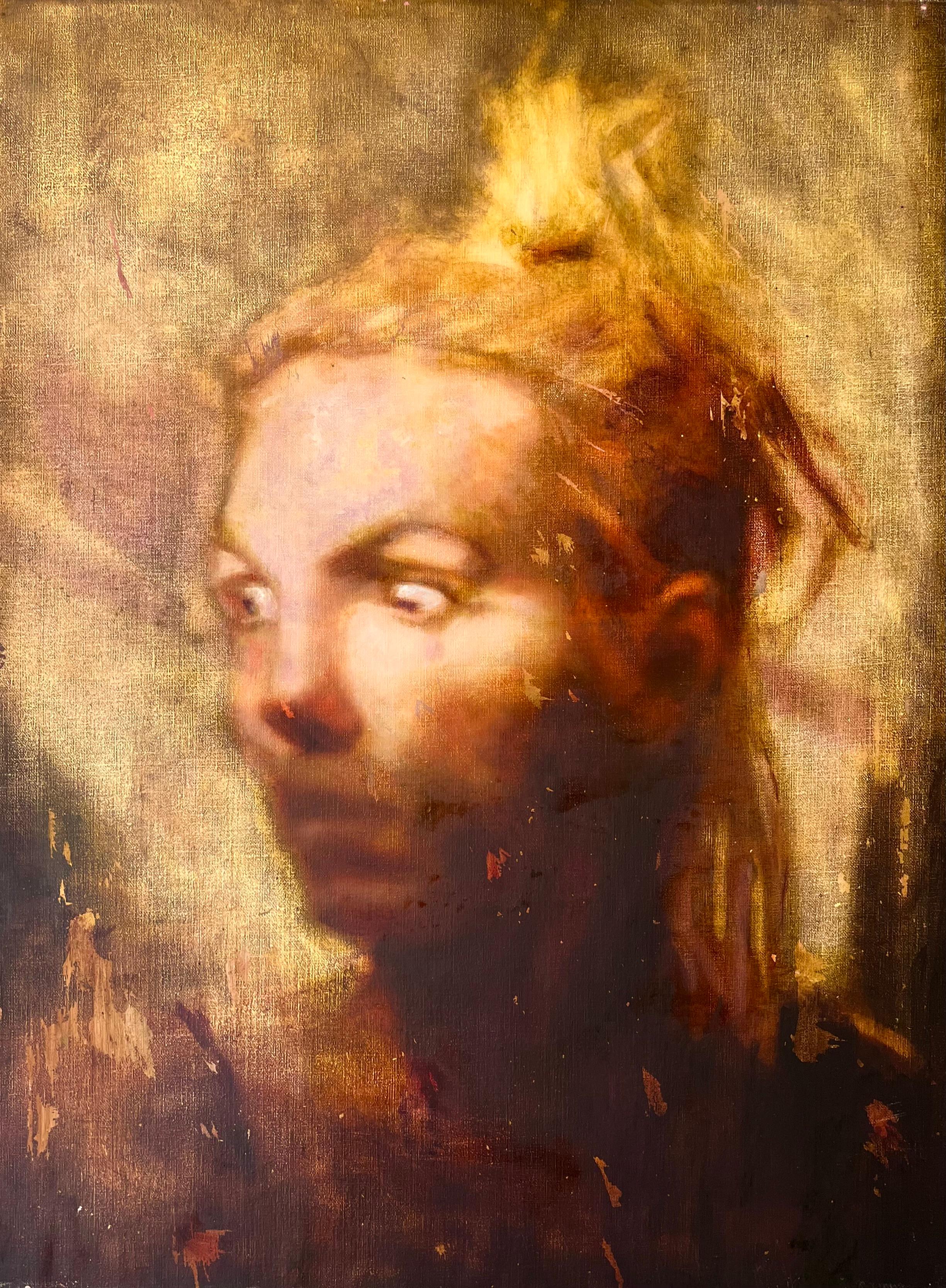 Figurative Painting Alfonso Gosalbez Berenguer - Portrait figuratif moderne abstrait à l'huile sur toile, jaune et brun gestuel 