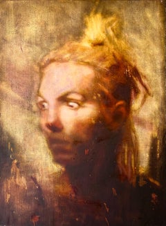 Portrait figuratif moderne abstrait à l'huile sur toile, jaune et brun gestuel 