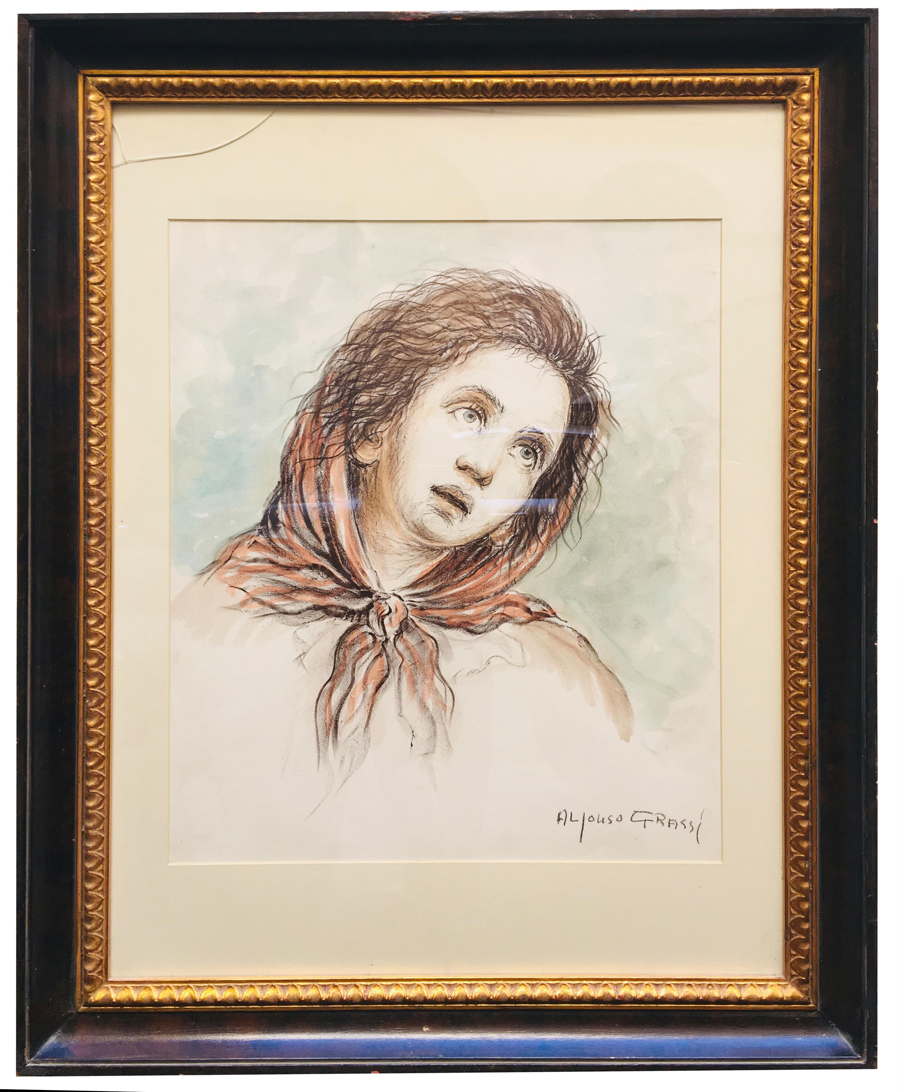 CHILD - Pastel on paper cm.51x41  signed lower right by Alfonso Grassi, Italy.  
Wooden frame with passeportout cm.94x73