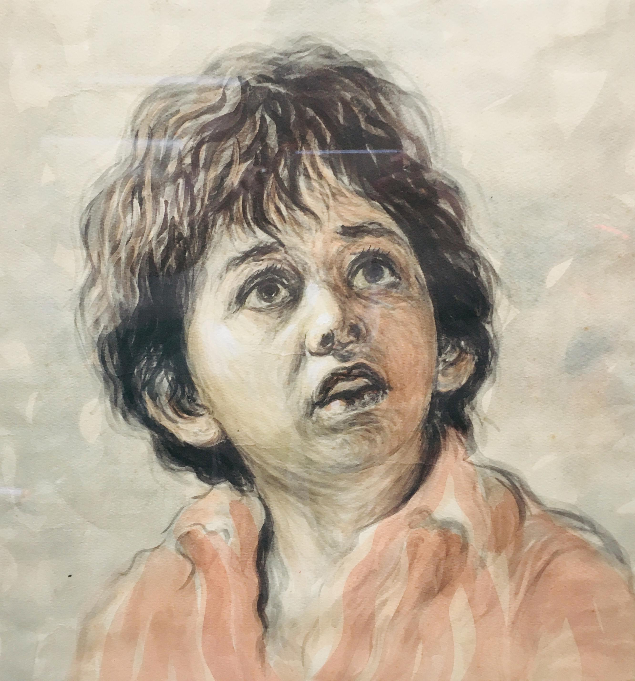 CHILD -Watercolorl on paper cm.51x41  signed lower left by Alfonso Grassi, Italy.  
Wooden frame with passeportout cm.94x73
