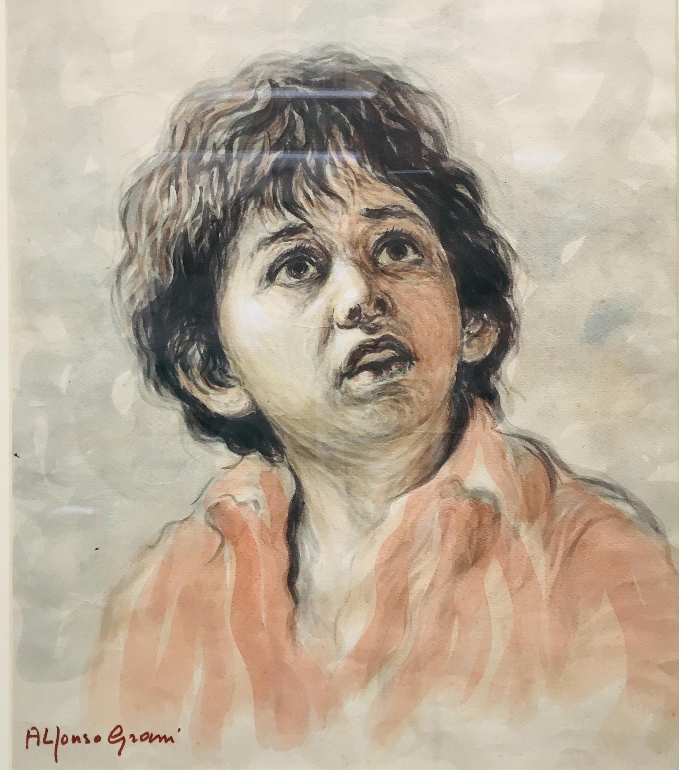 CHILD - Alfonso Grassi Watercolor on paper  Portrait italian Painting For Sale 1