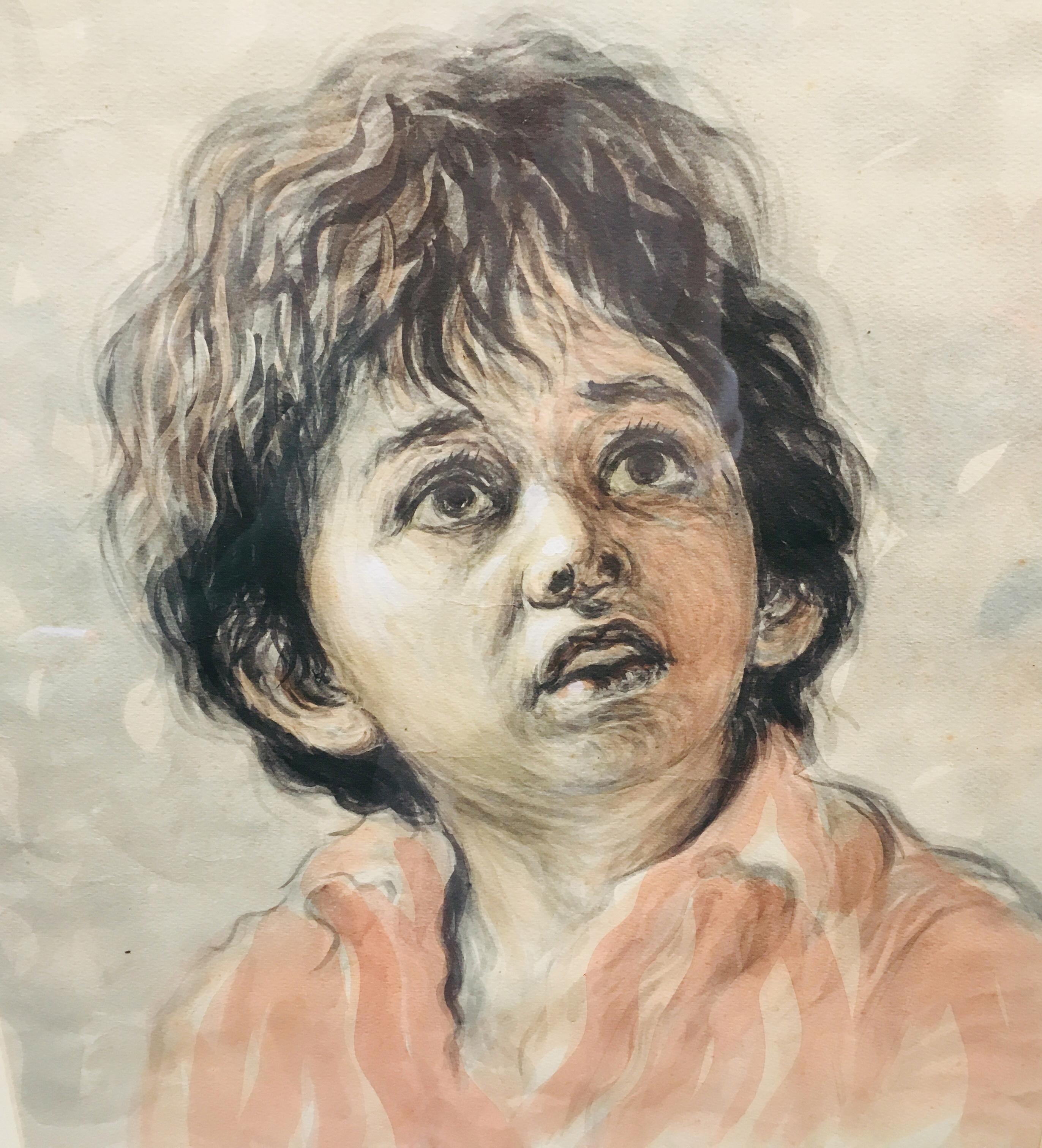 CHILD - Alfonso Grassi Watercolor on paper  Portrait italian Painting For Sale 2