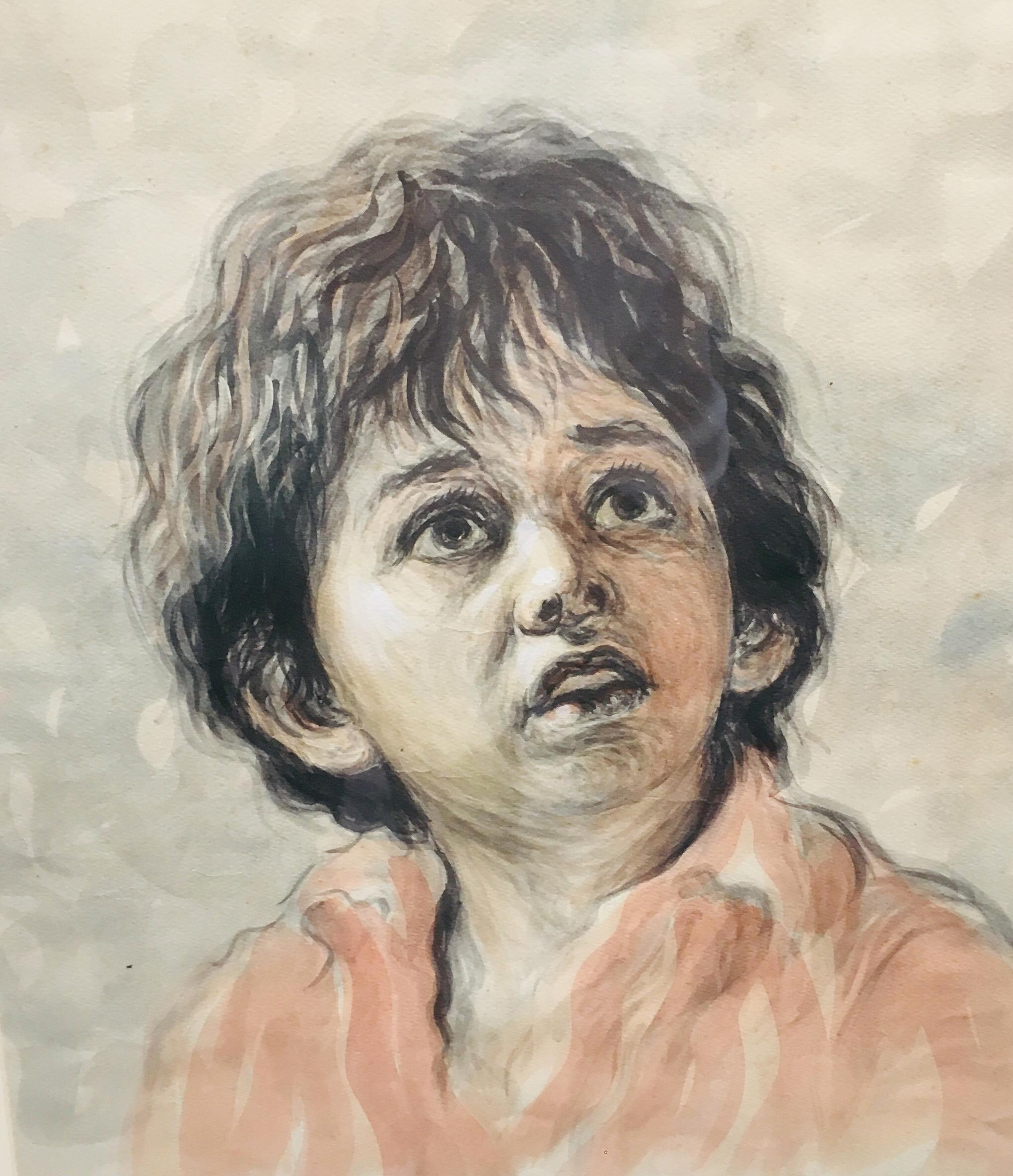 CHILD - Alfonso Grassi Watercolor on paper  Portrait italian Painting For Sale 3