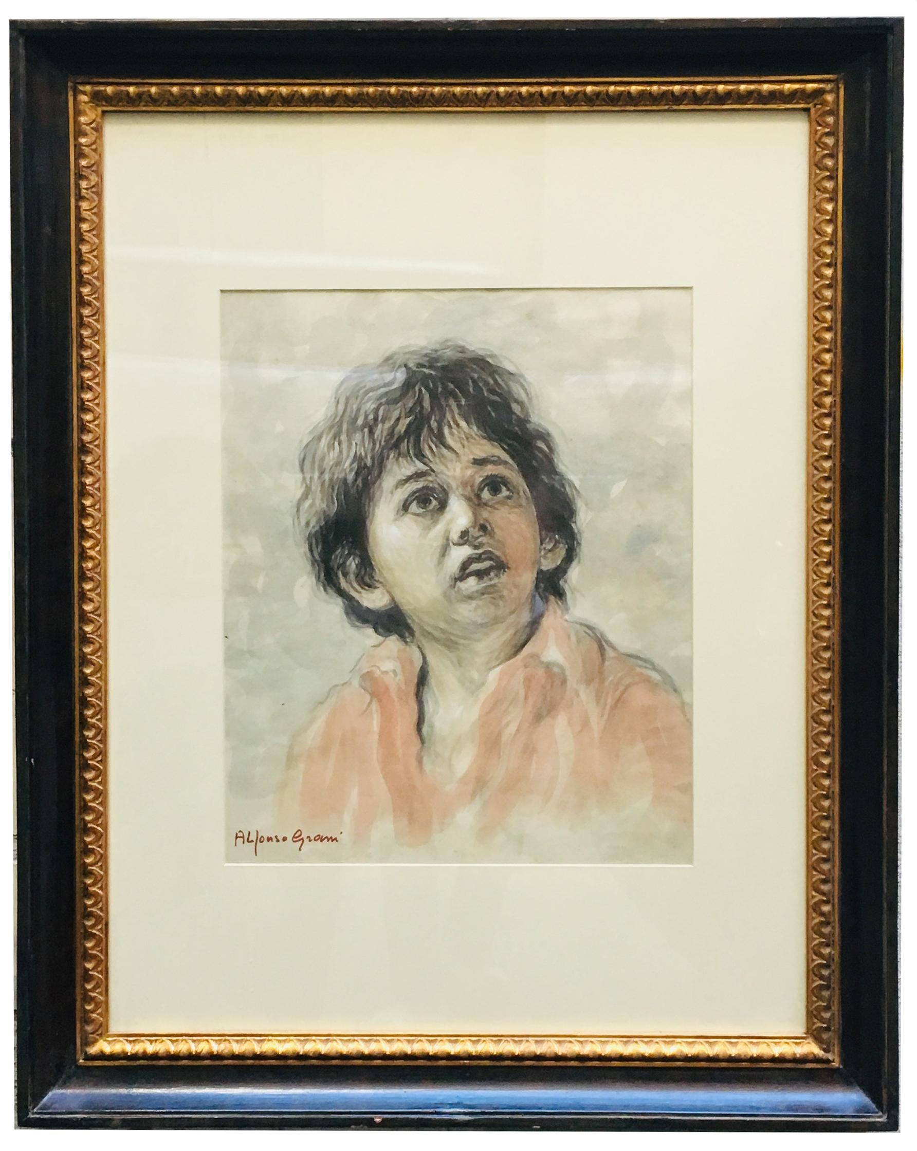 CHILD - Alfonso Grassi Watercolor on paper  Portrait italian Painting