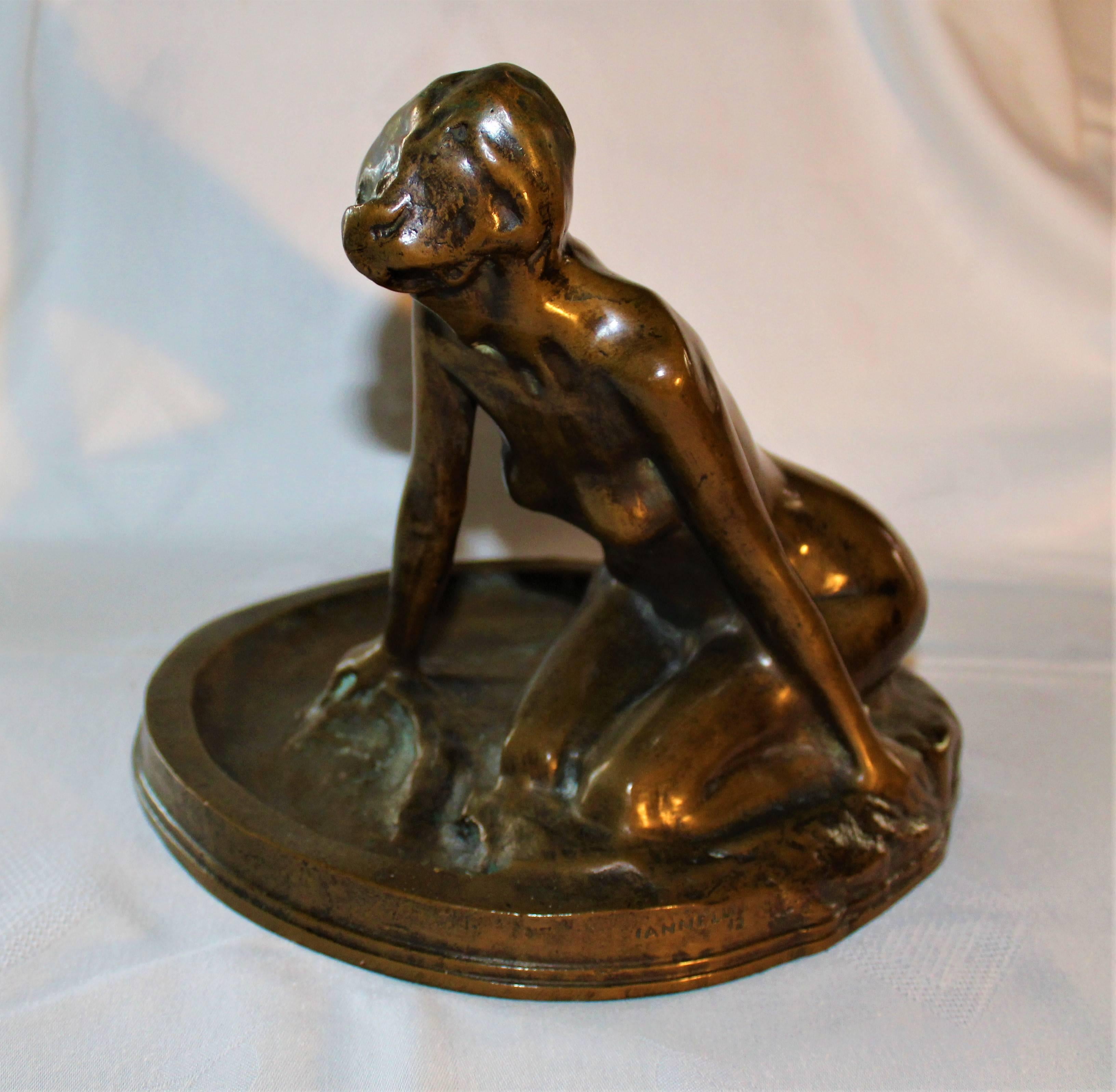 Signed Alfonso Iannelli (1888-1965) modern bronze nude figural sculpture stamped with Boston foundry mark 1912.

Alfonso Iannelli (February 17, 1888-March 23, 1965) was an Italian-American sculptor, artist, and industrial designer.
Based in