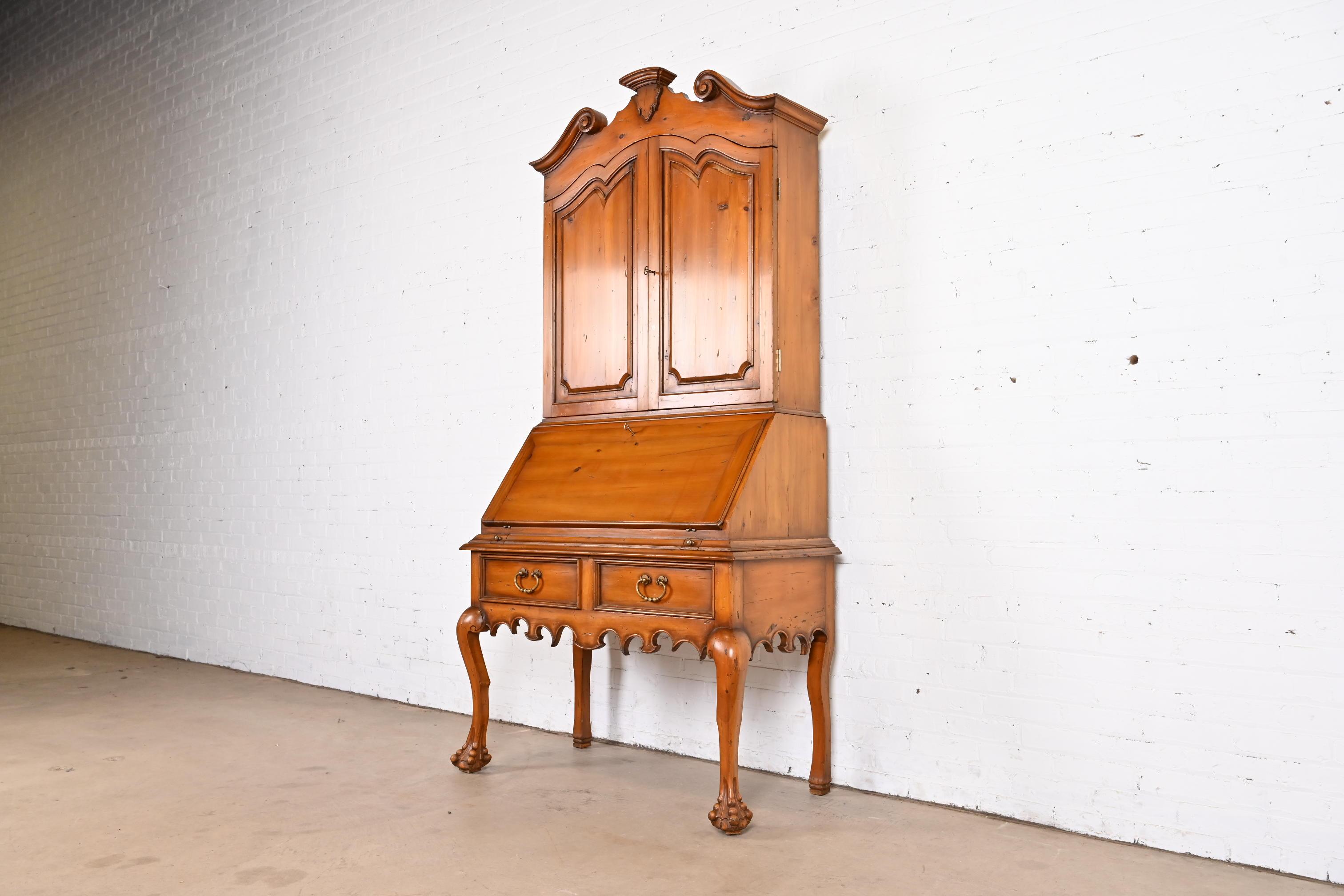American Alfonso Marina Chippendale Carved Pine Secretary Desk With Bookcase Hutch Top For Sale