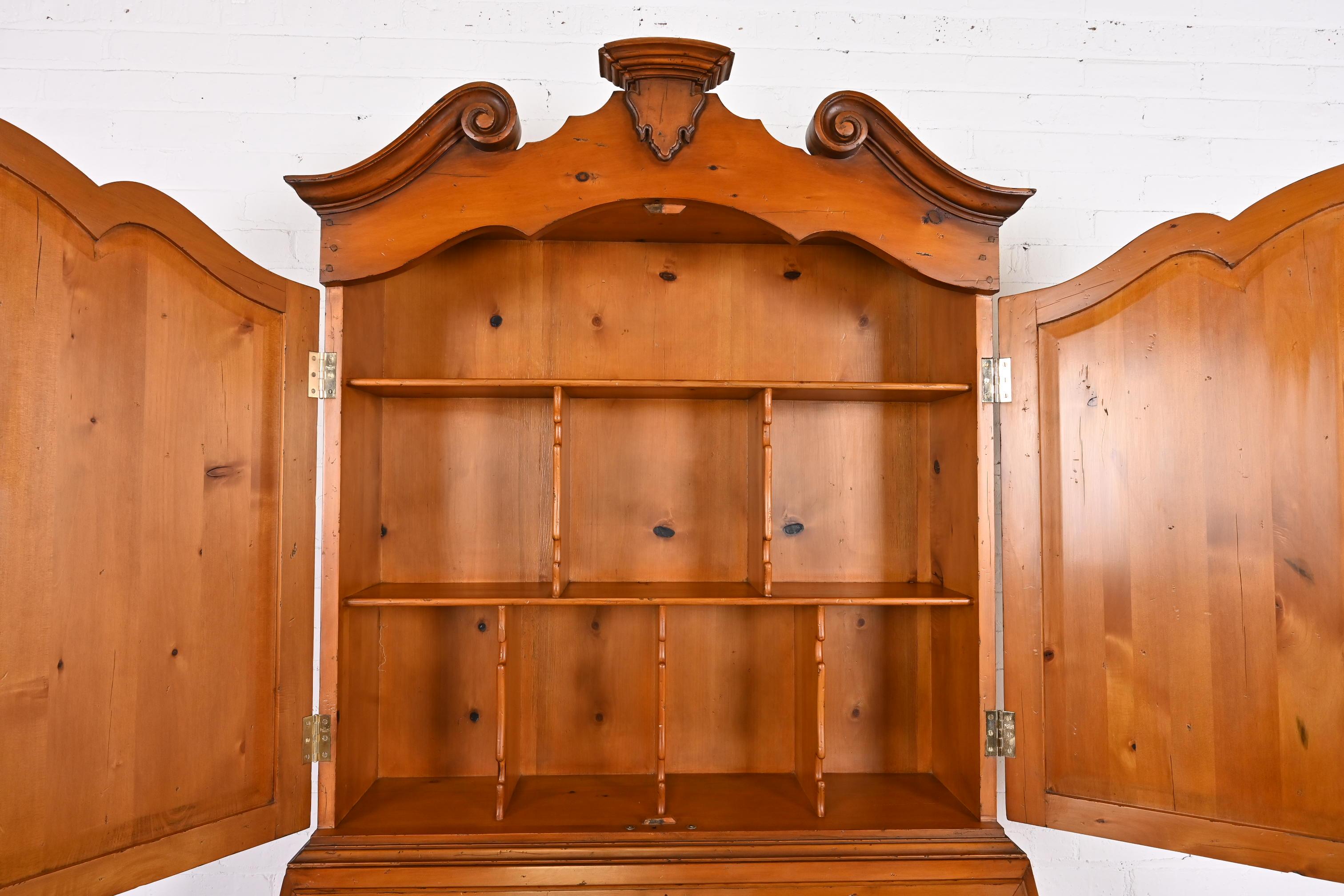 Brass Alfonso Marina Chippendale Carved Pine Secretary Desk With Bookcase Hutch Top For Sale