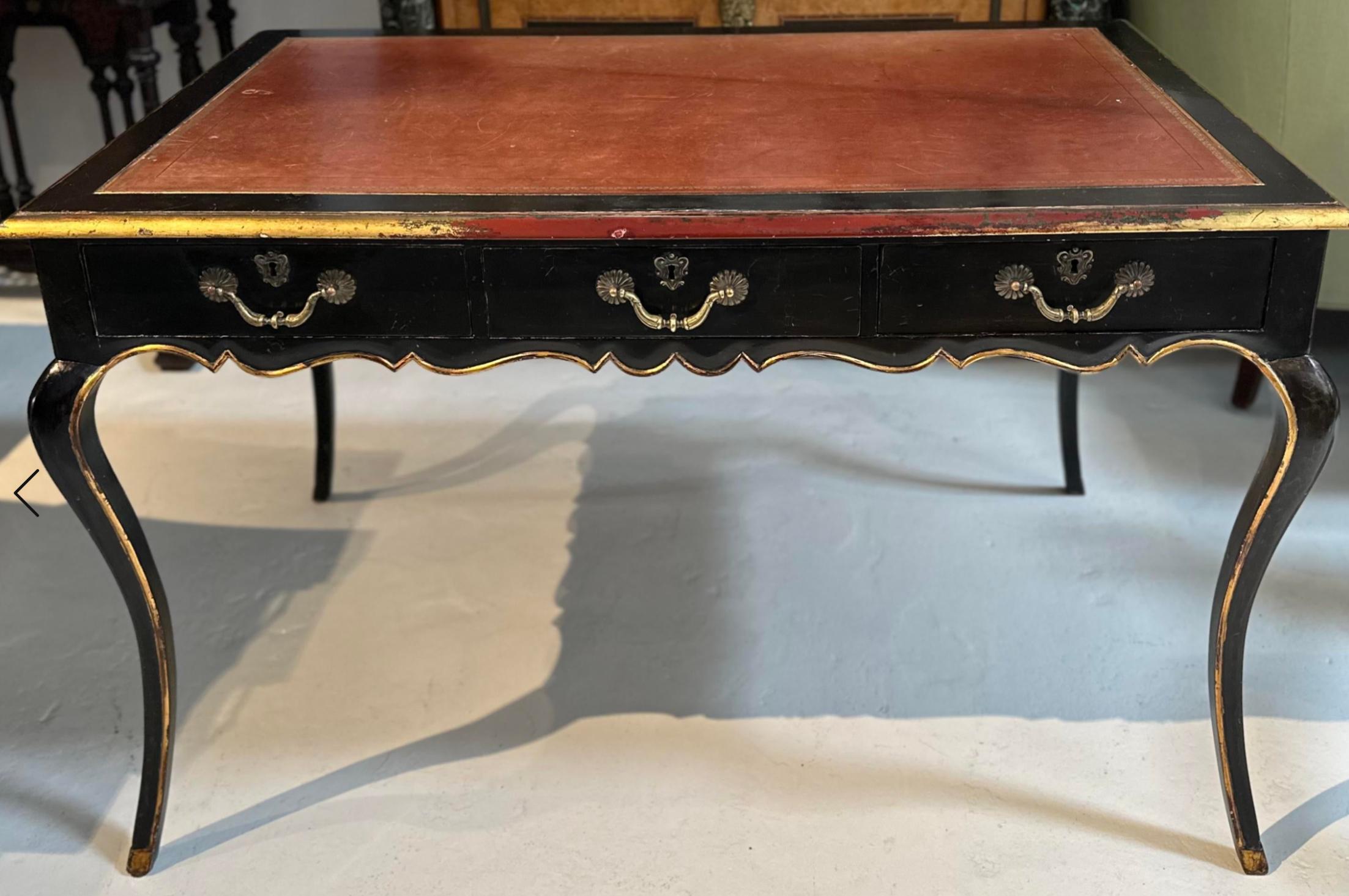 Mexican Alfonso Marina Louis XV Black & Gold Leather Top Writing Table Desk For Sale