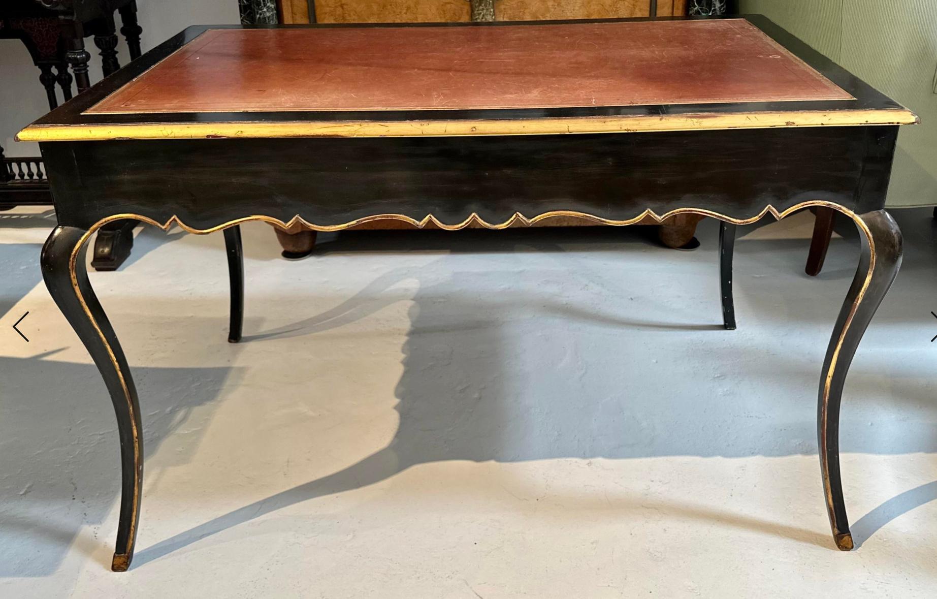 Contemporary Alfonso Marina Louis XV Black & Gold Leather Top Writing Table Desk For Sale