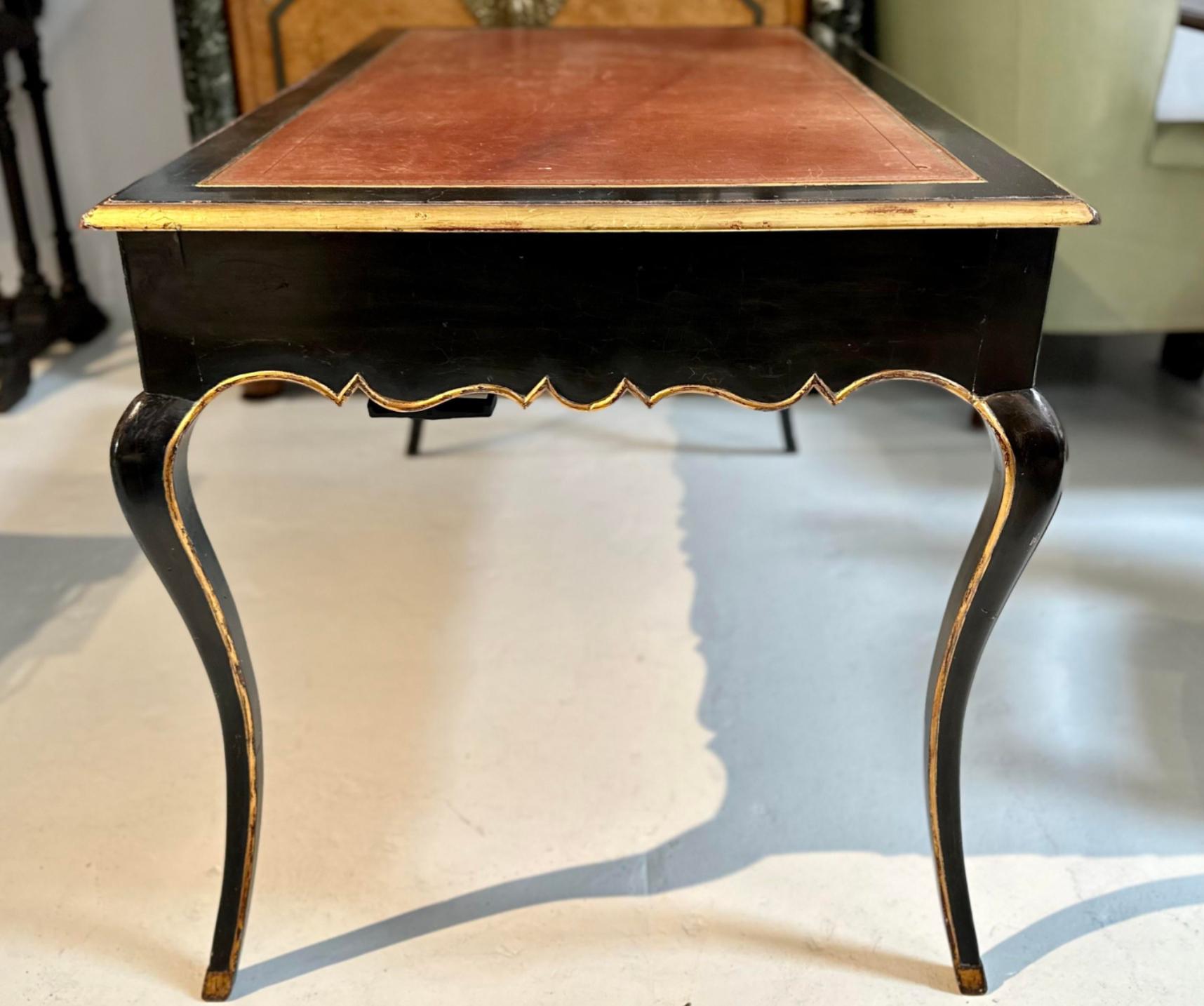 Bronze Alfonso Marina Louis XV Black & Gold Leather Top Writing Table Desk For Sale