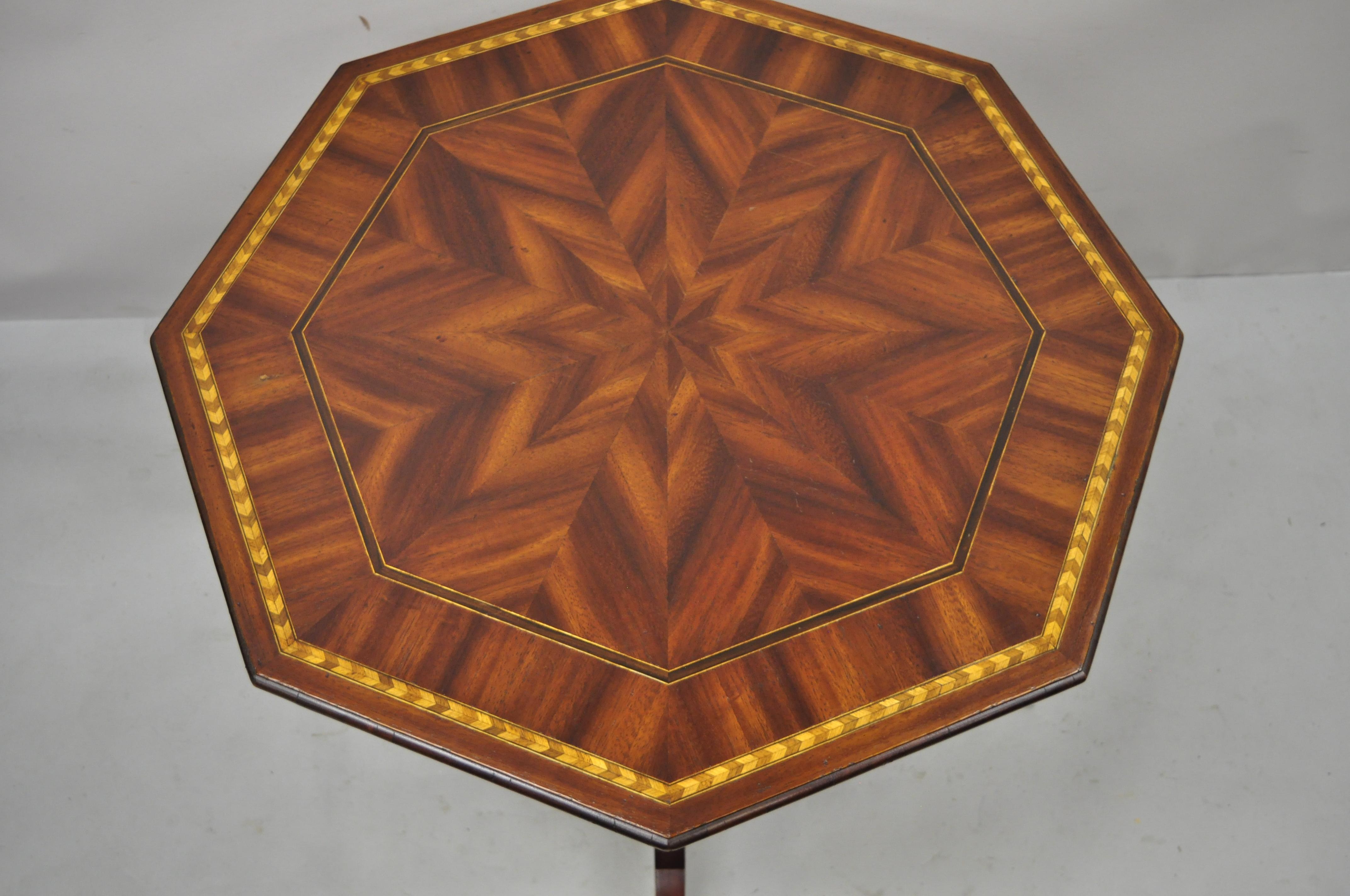 Alfonso Marina Marquetry Inlaid Spanish Sorrentino occasional lamp side table. Item features stunning marquetry inlaid geometric top, pedestal base with inlay, intentional antiqued/distressed finish, original label, quality craftsmanship, great