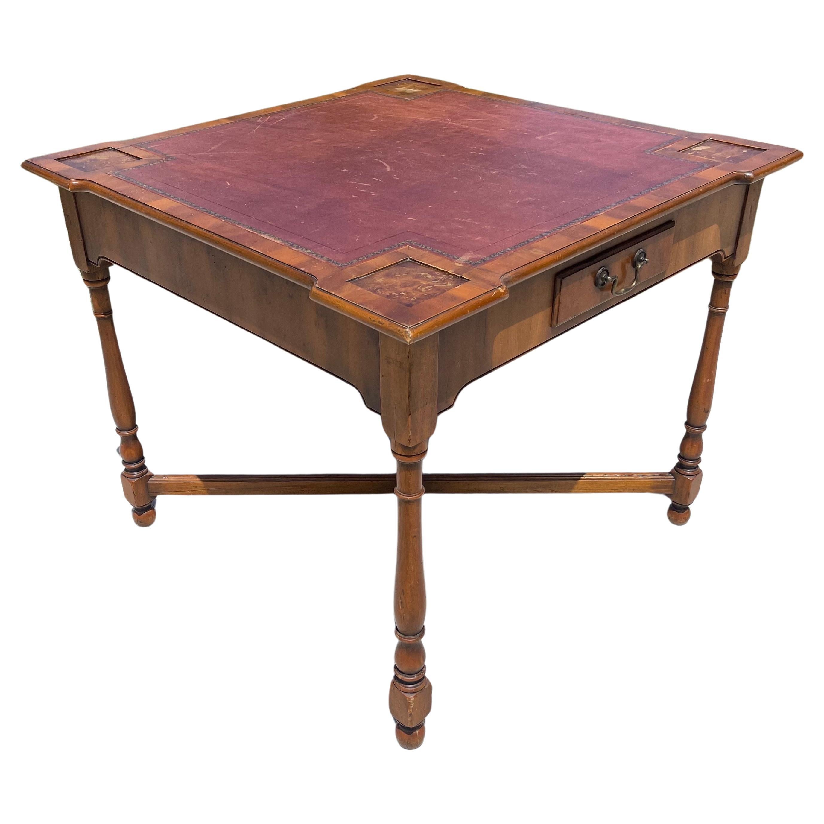 Alfonso Marina Tooled Leather Top Wood Game Table w/ Drawers