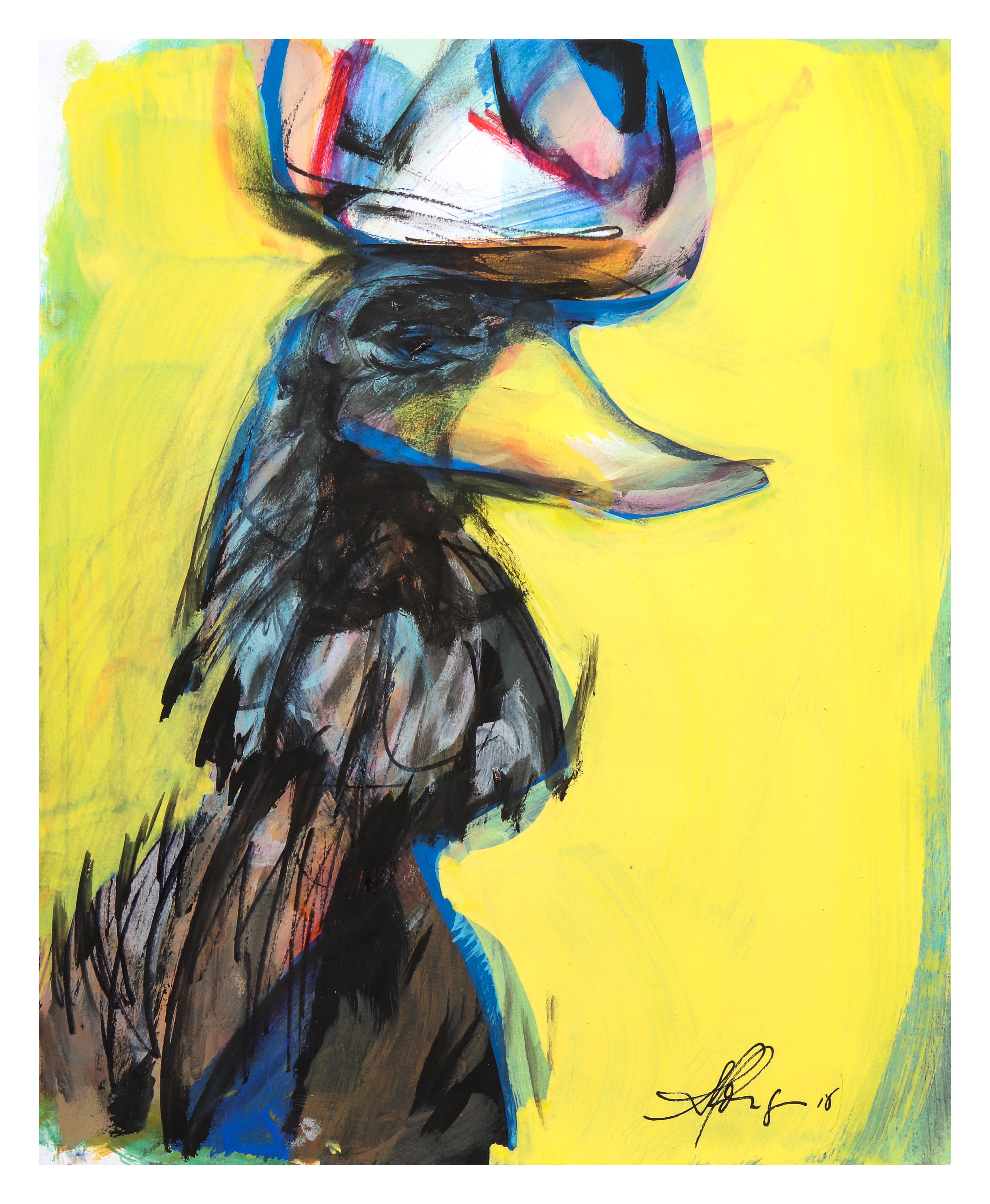 Painting of a rooster in an expressionist style, painted in dynamic colors and cubist lines. 
One of five paintings from Muñoz 'Rooster Collection'.
The Artist was influenced by Picasso and was under the tutelage of Roger Capron, his