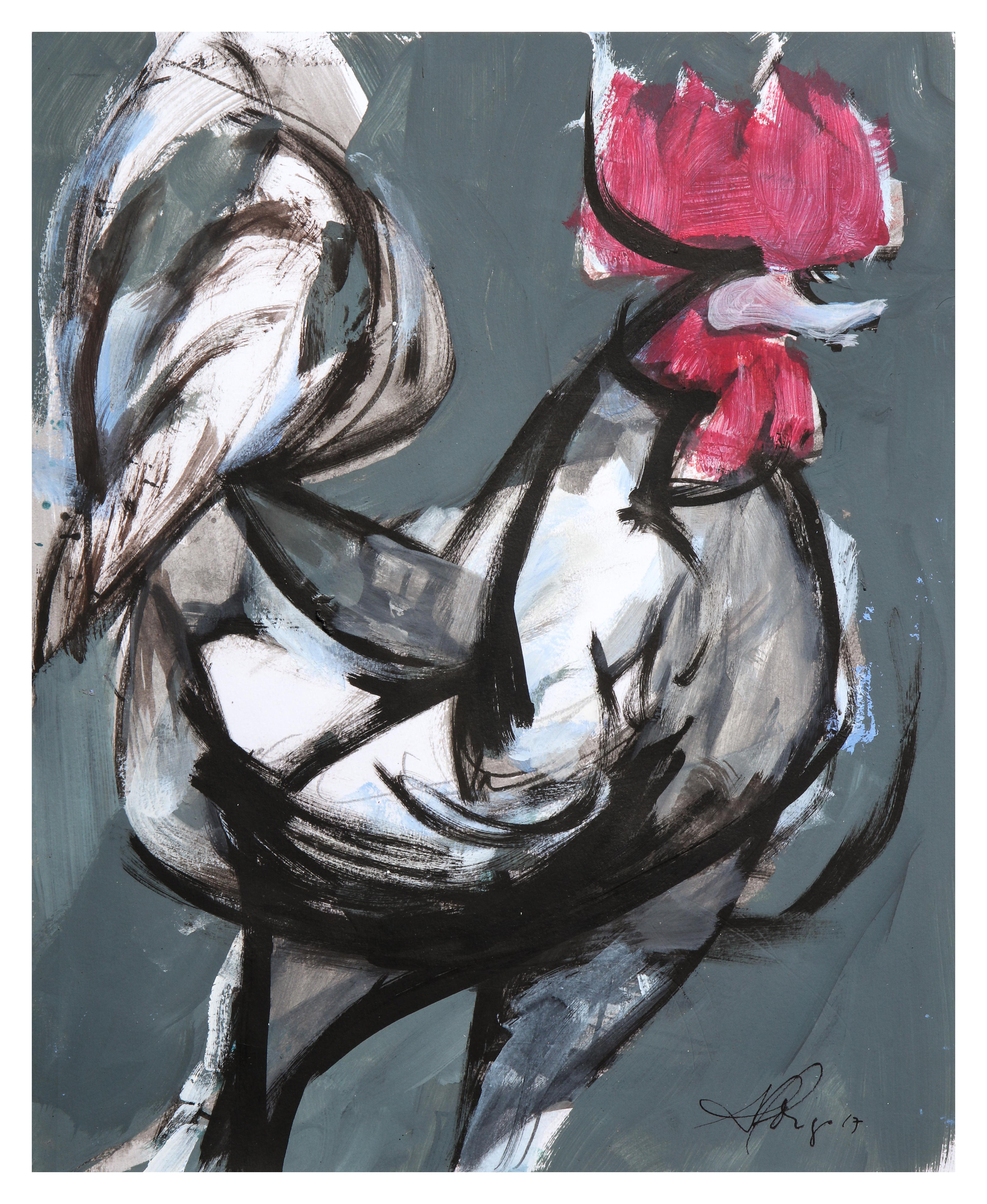 Painting of a rooster in an expressionist style, painted in dynamic colors and cubist lines. 
One of five paintings from Muñoz 'Rooster Collection'.
The Artist was influenced by Picasso and was under the tutelage of Roger Capron, his