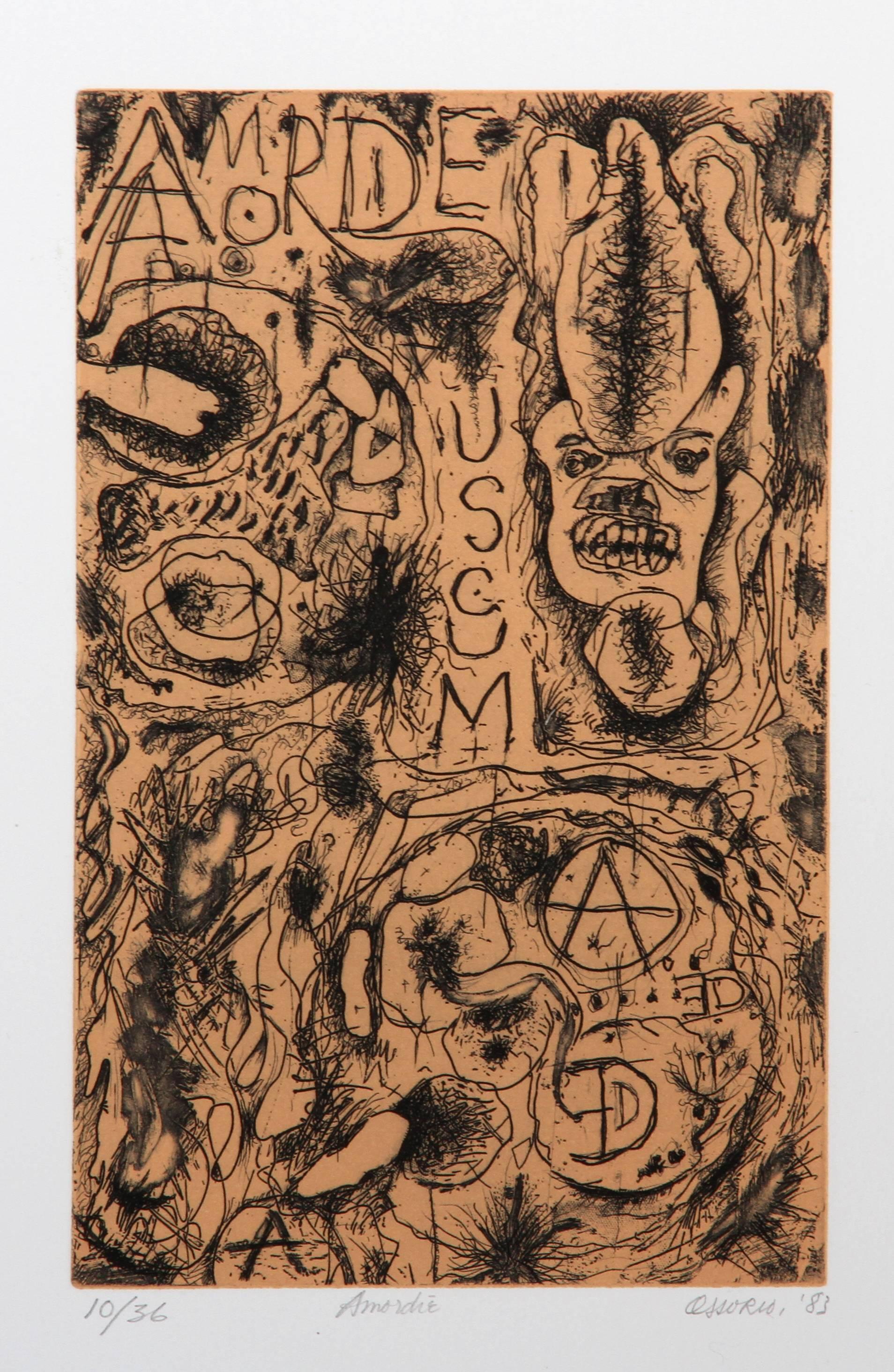 Artist: Alfonso Ossorio (Filipino, 1916-1990)
Title: Amordie
Year: 1983
Medium: Etching, signed and numbered in pencil
Edition: 36
Image Size: 11 x 7 inches
Paper Size: 18  x 12 in. (45.72  x 30.48 cm)
