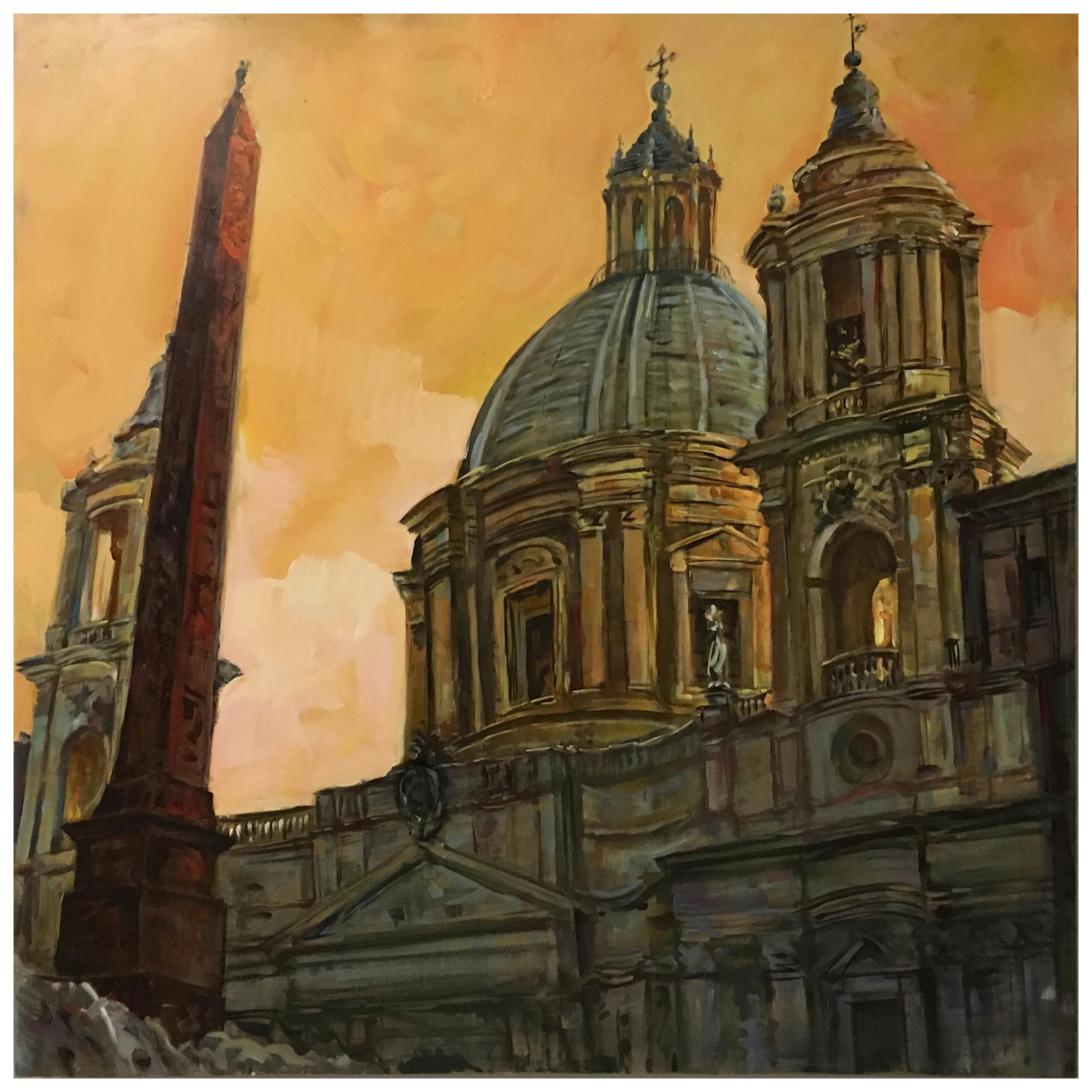 CHURCH'S À ROME -  Peinture italienne à l'huile sur toile cm.100x100, Alfonso Pragliola Italia 2010
