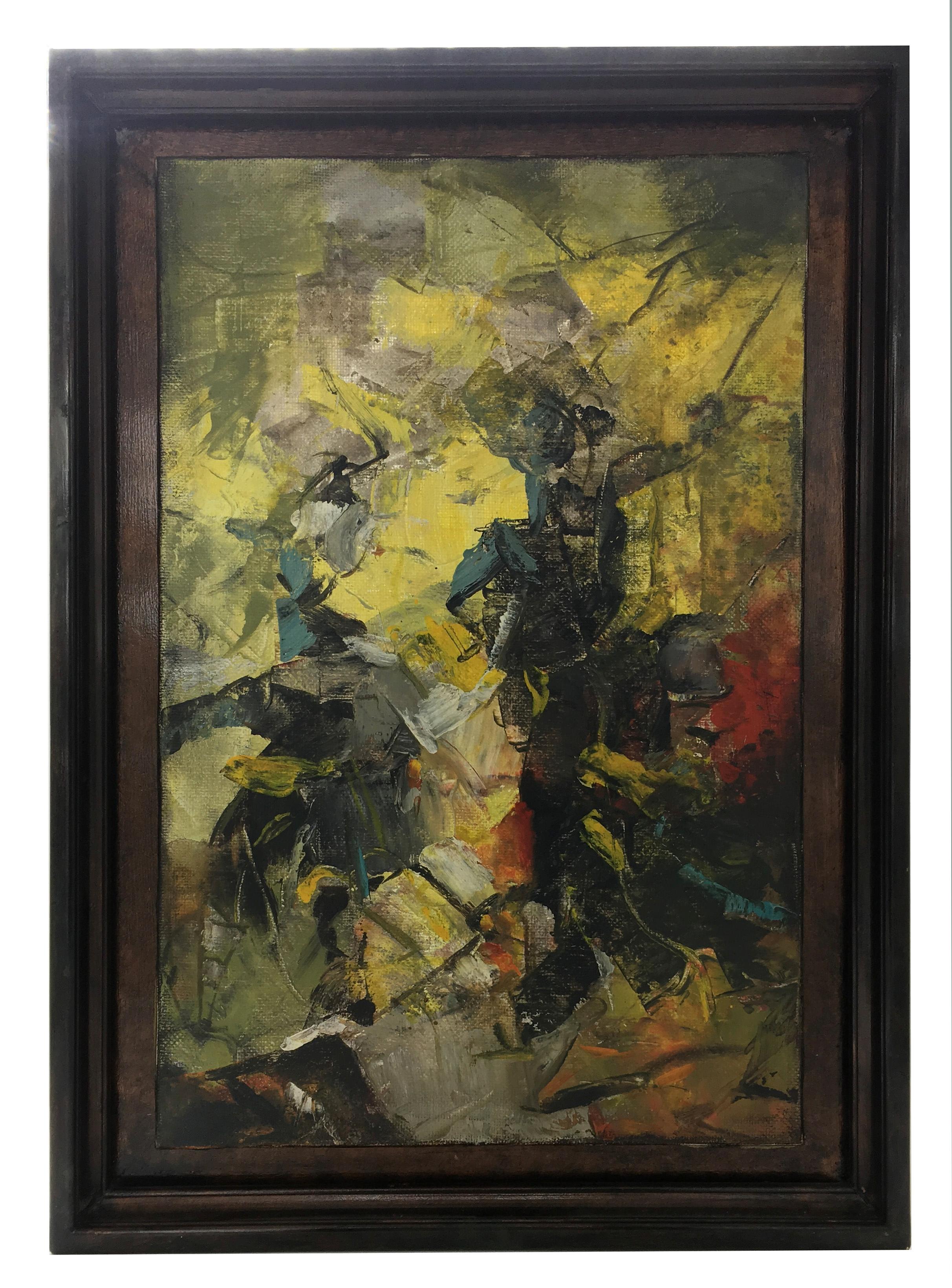 FIGHTING ON HORSEBACK - Italian abstract oil on canvas painting. A. Pragliola