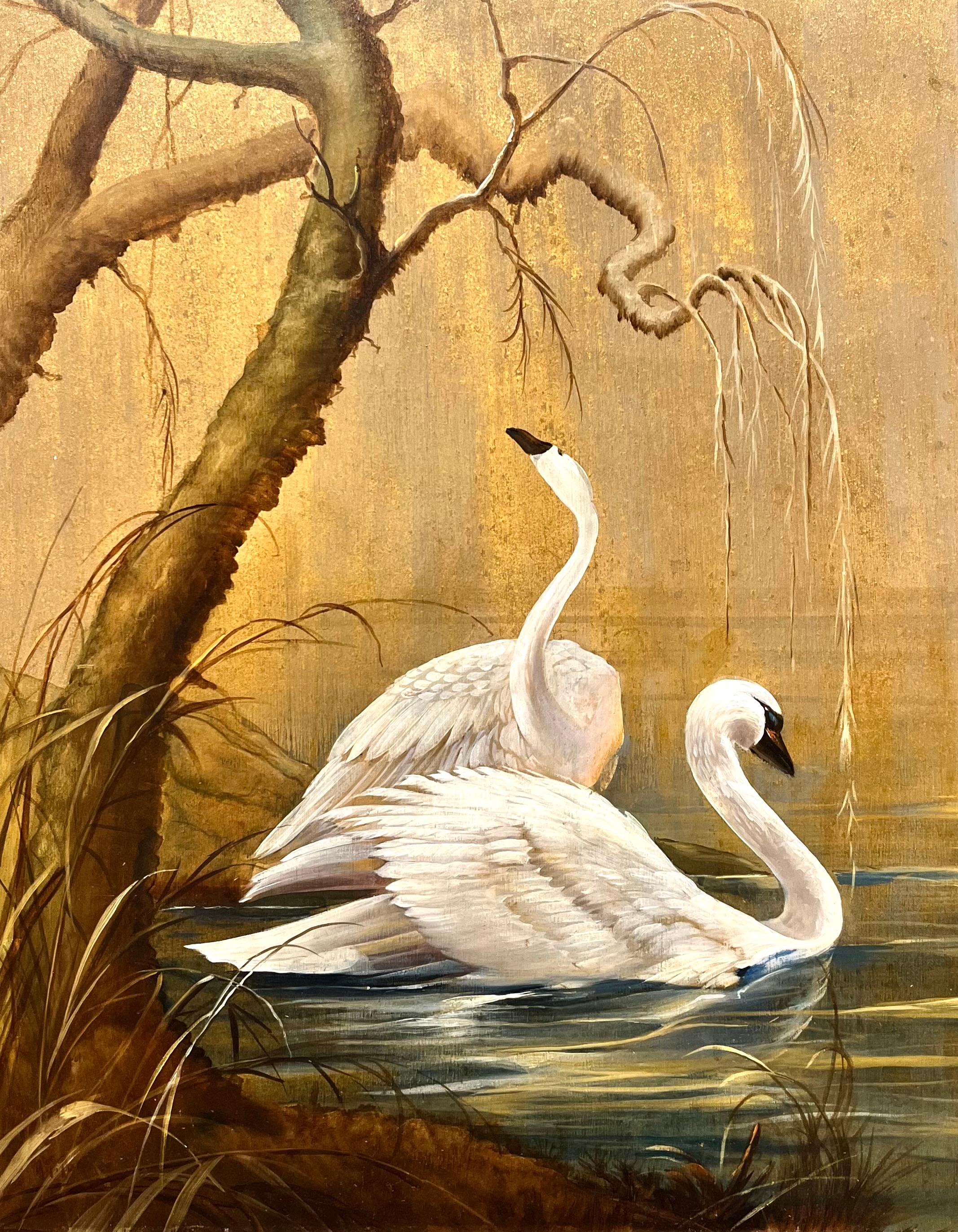 Animal Painting Alfonso T Toran - Peinture Art Déco intitulée "Swimming Swans" (cygnes nageurs)