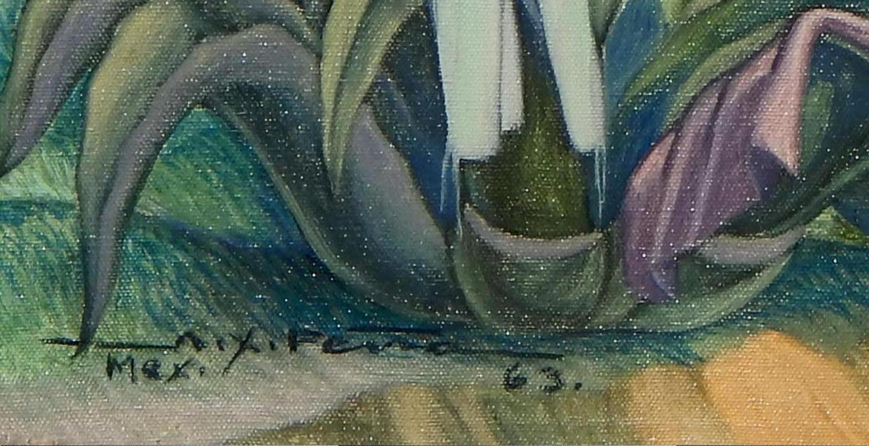 Alfonso Pena Importante dipinto muralista messicano, Asciugatura del bucato, Messico - Abstract Painting Grigio di Alfonso X. Pena