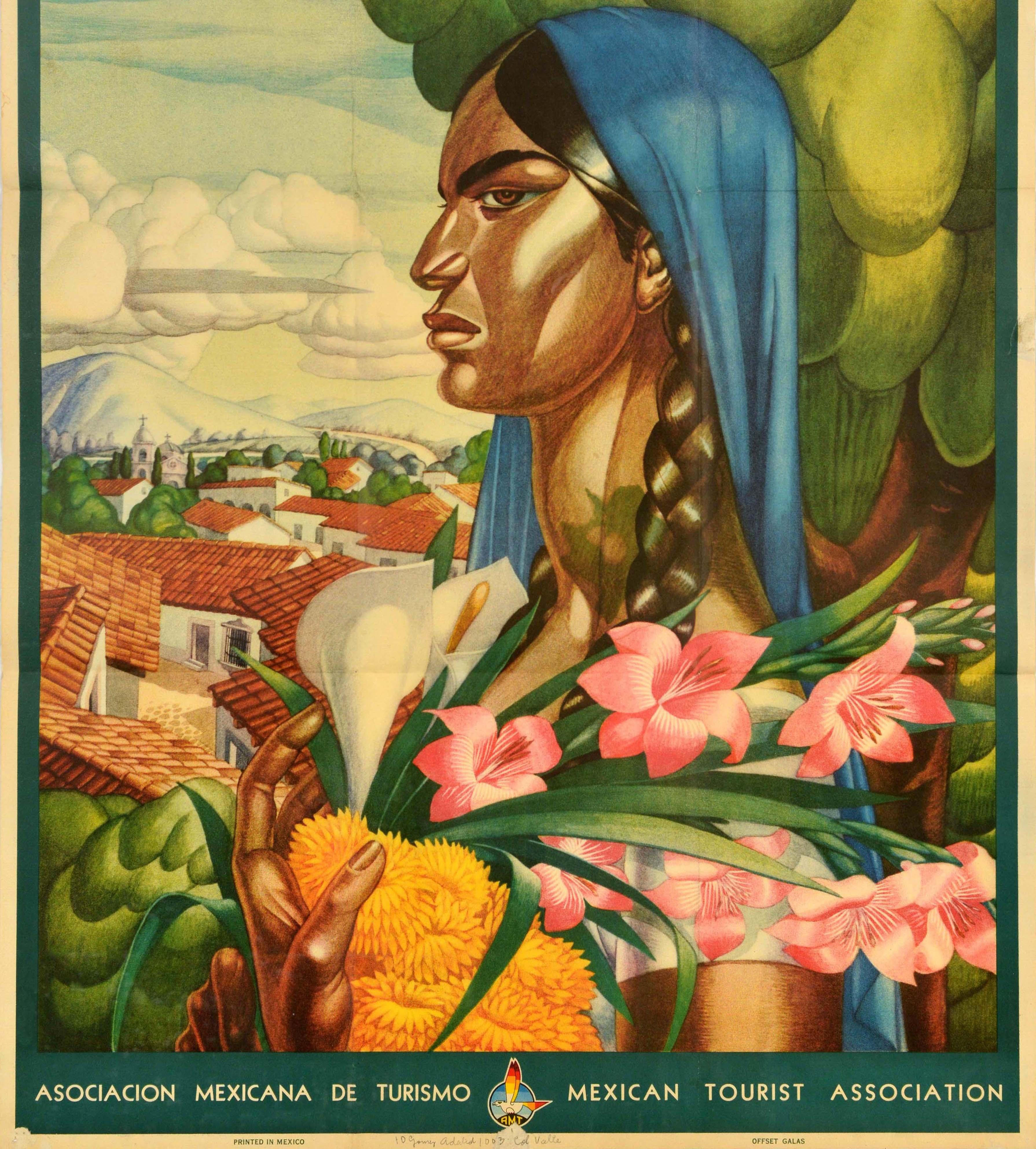 Original vintage travel poster for Mexico featuring stunning artwork by the Mexican artist Alfonso X Pena (1903-1964) depicting a lady holding yellow, pink and white iris and lily flowers with a tree and view over rooftops leading to hills in the