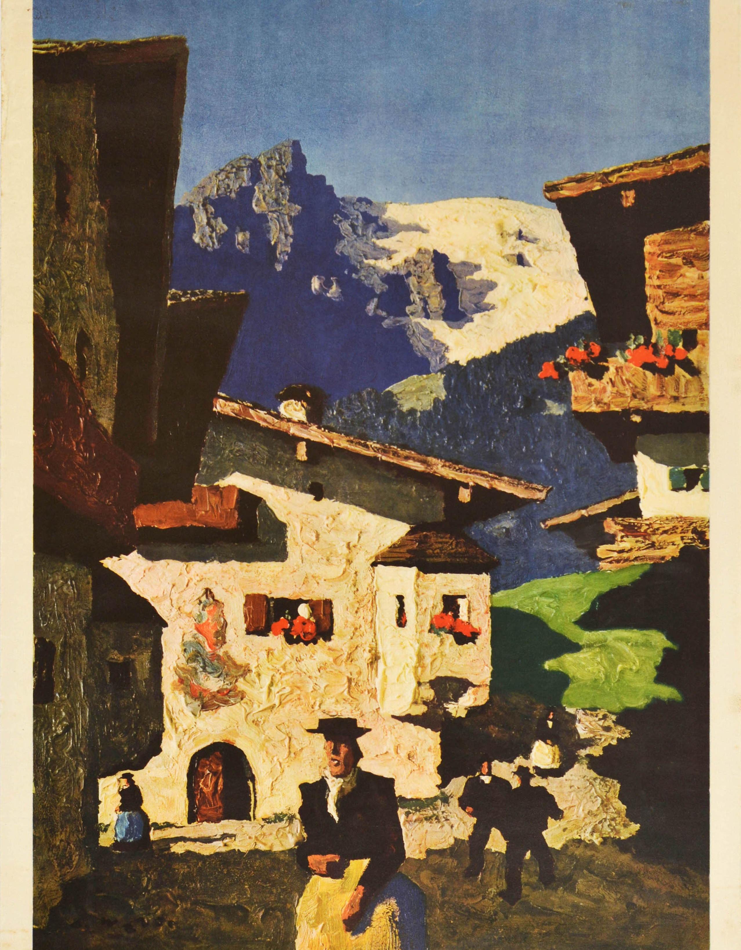 Cartel de viaje original de época sobre el Tirol, con impresionantes ilustraciones del artista austriaco Alfons Walde (1891-1958) que representan a gente paseando junto a edificios tradicionales en la pequeña ciudad medieval de Kitzbuhel, con vistas