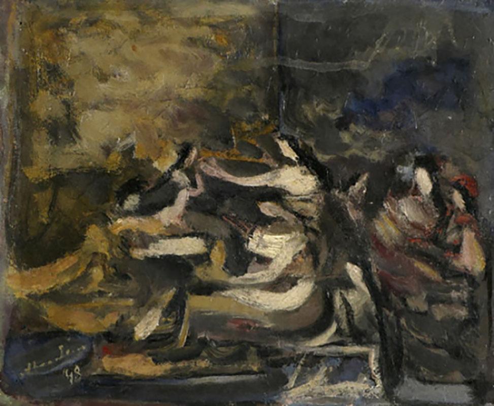 Alfred Aberdam Interior Painting – Frauen in einem Inneneinrichtungsraum