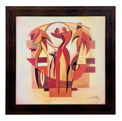 Figurine homme et femme  Peinture abstraite à l'huile sur toile, signée 
