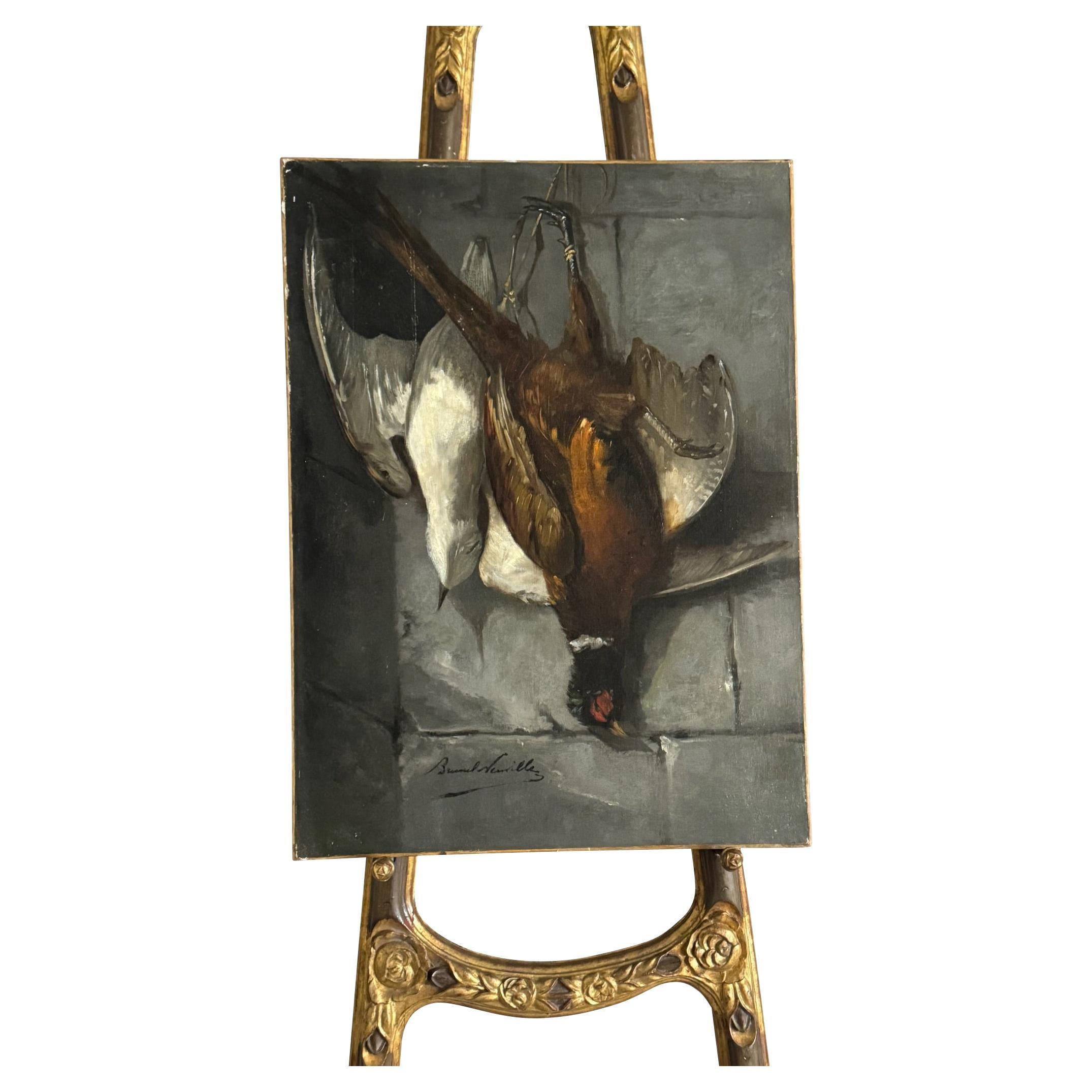 Alfred Arthur Brunel De Neuville (1852-1943) Naturaleza muerta con aves de caza Maravillosa representación de aves de caza manoseadas contra una pared de cemento gris.  Faisán macho con gran detalle junto con otra paloma blanca o ave de caza. Un
