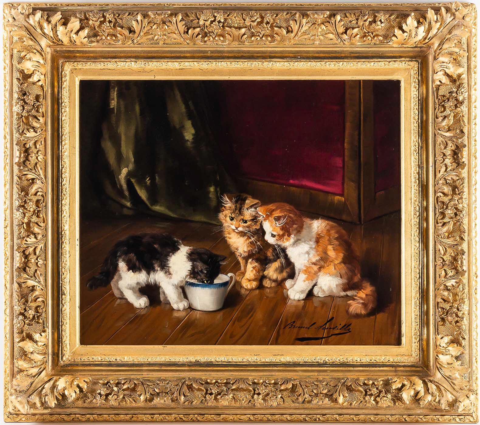 Alfred Arthur Brunel de Neuville, oil on canvas, The Three Cats, circa 1880-1900

Exciting and decorative oil on canvas, depicting three c cats drinking.
Our lovely painting is signed in a lower right by Alfred Arthur Brunel de Neuville circa