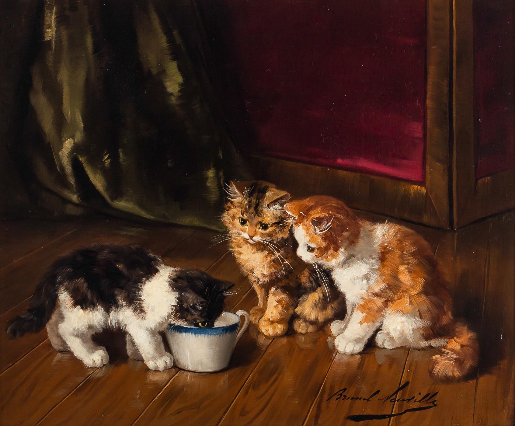 French Alfred Arthur Brunel de Neuville, Oil on Canvas, The Three Cats, circa 1880-1900