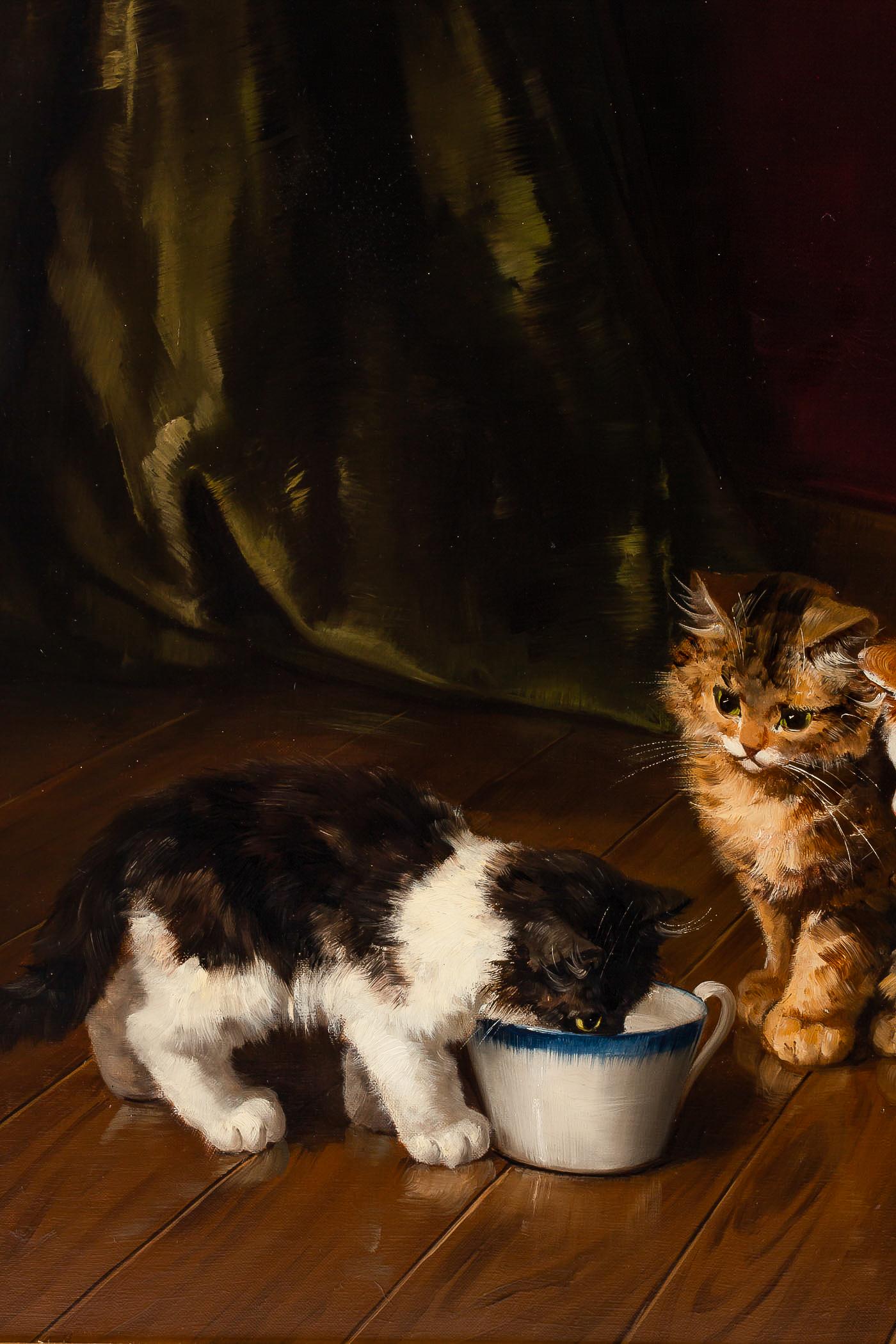 Painted Alfred Arthur Brunel de Neuville, Oil on Canvas, The Three Cats, circa 1880-1900