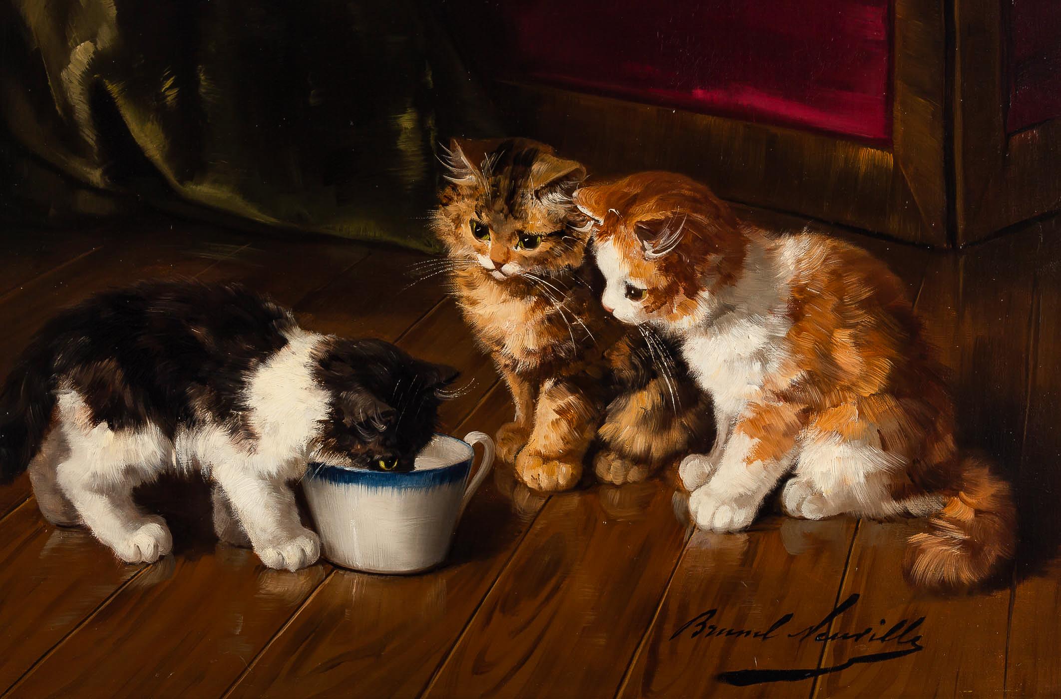 Alfred Arthur Brunel de Neuville, Oil on Canvas, The Three Cats, circa 1880-1900 2