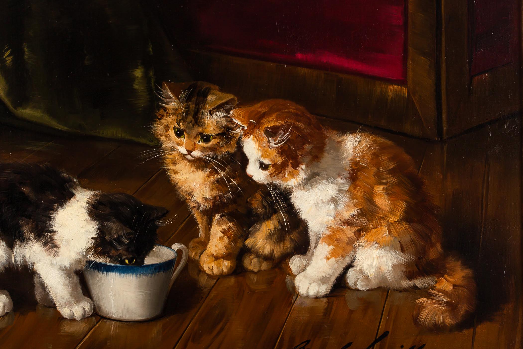 Alfred Arthur Brunel de Neuville, Oil on Canvas, The Three Cats, circa 1880-1900 3
