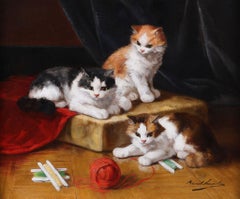 Framed Antique Oil Painting: 'Three Kittens'