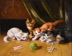 Oil Painting by Alfred Arthur Brunel de Neuville "Kittens at Play"