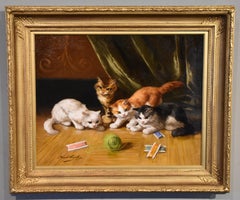 Oil Painting by Alfred Arthur Brunel de Neuville "Kittens at Play"