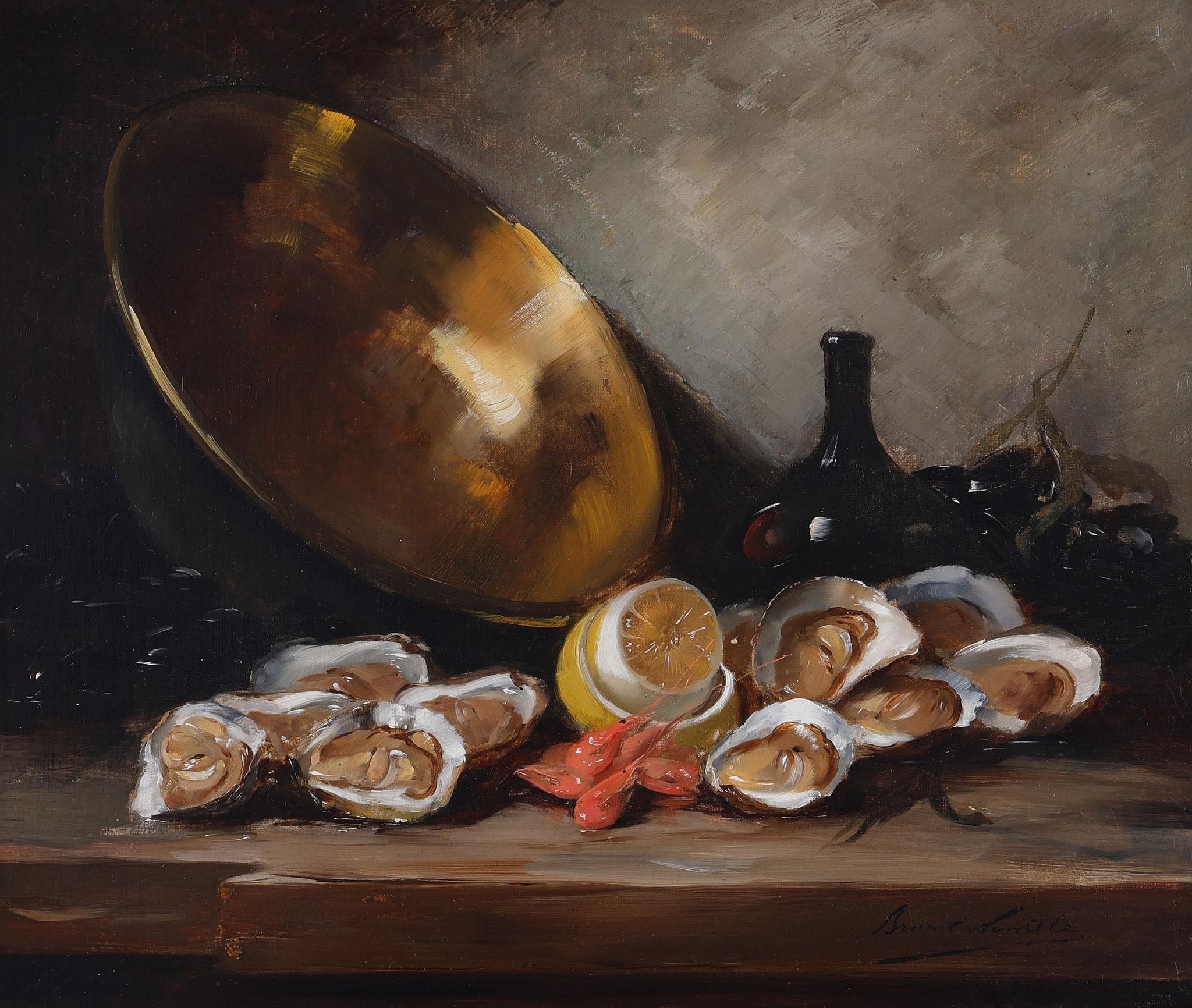 Oyster and a Copper bowl with other Crustaceans - French School Painting by Alfred Arthur Brunel De Neuville