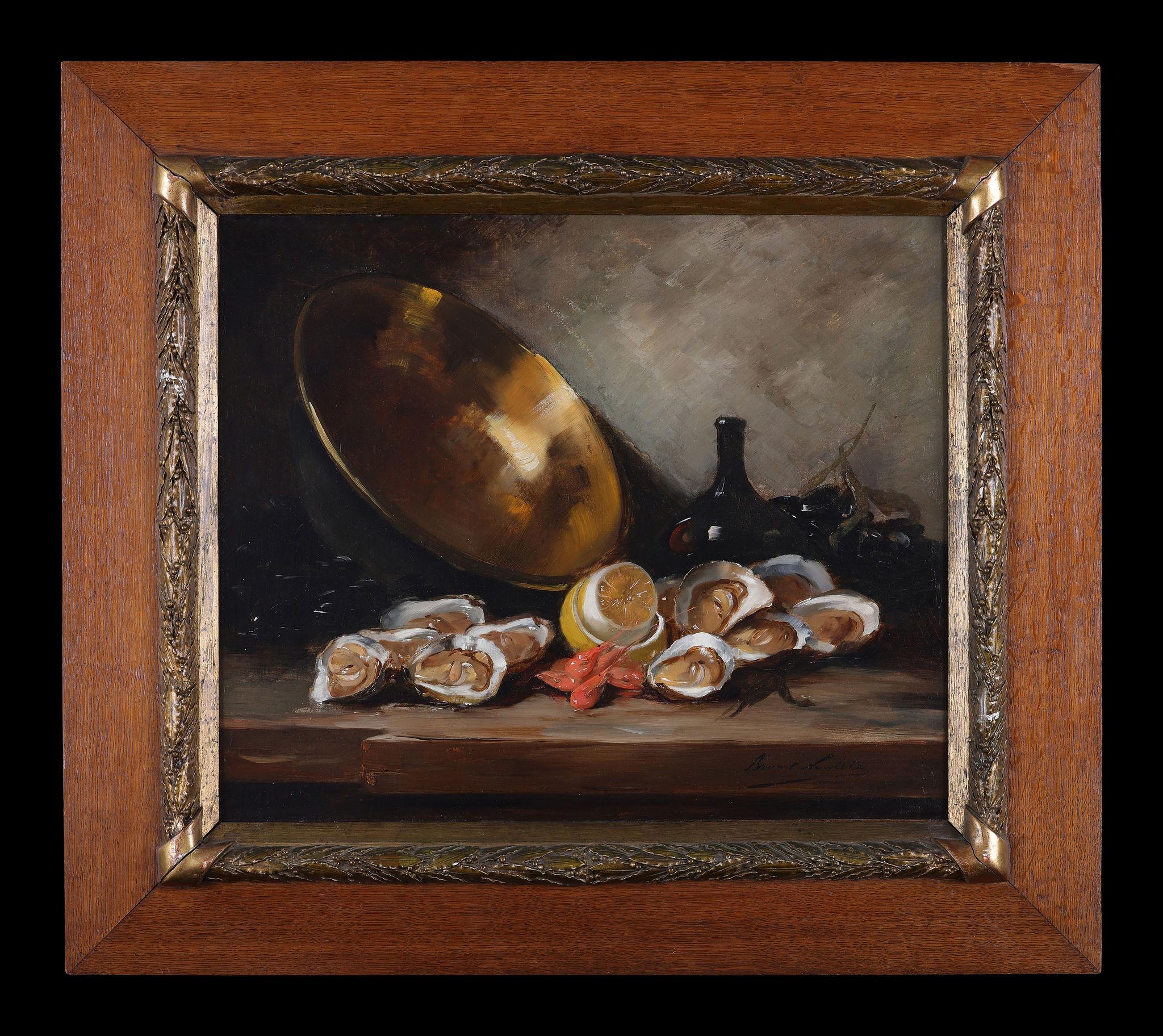 Oyster and a Copper bowl with other Crustaceans - Painting by Alfred Arthur Brunel De Neuville