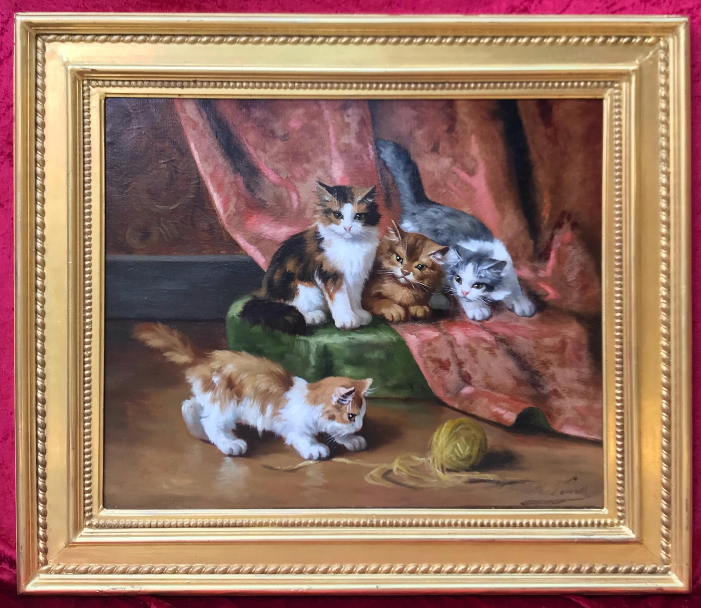 Alfred Arthur Brunel De Neuville Animal Painting - Painting animals interior cats