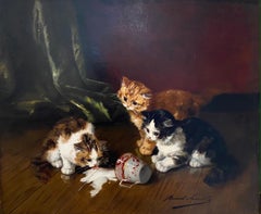 'Spilled Milk' French Interior Painting of Kittens & Cats drinking from a teacup
