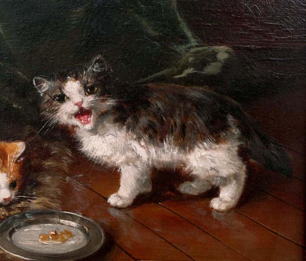 Trois chatons jouant - Marron Animal Painting par Alfred Arthur Brunel De Neuville