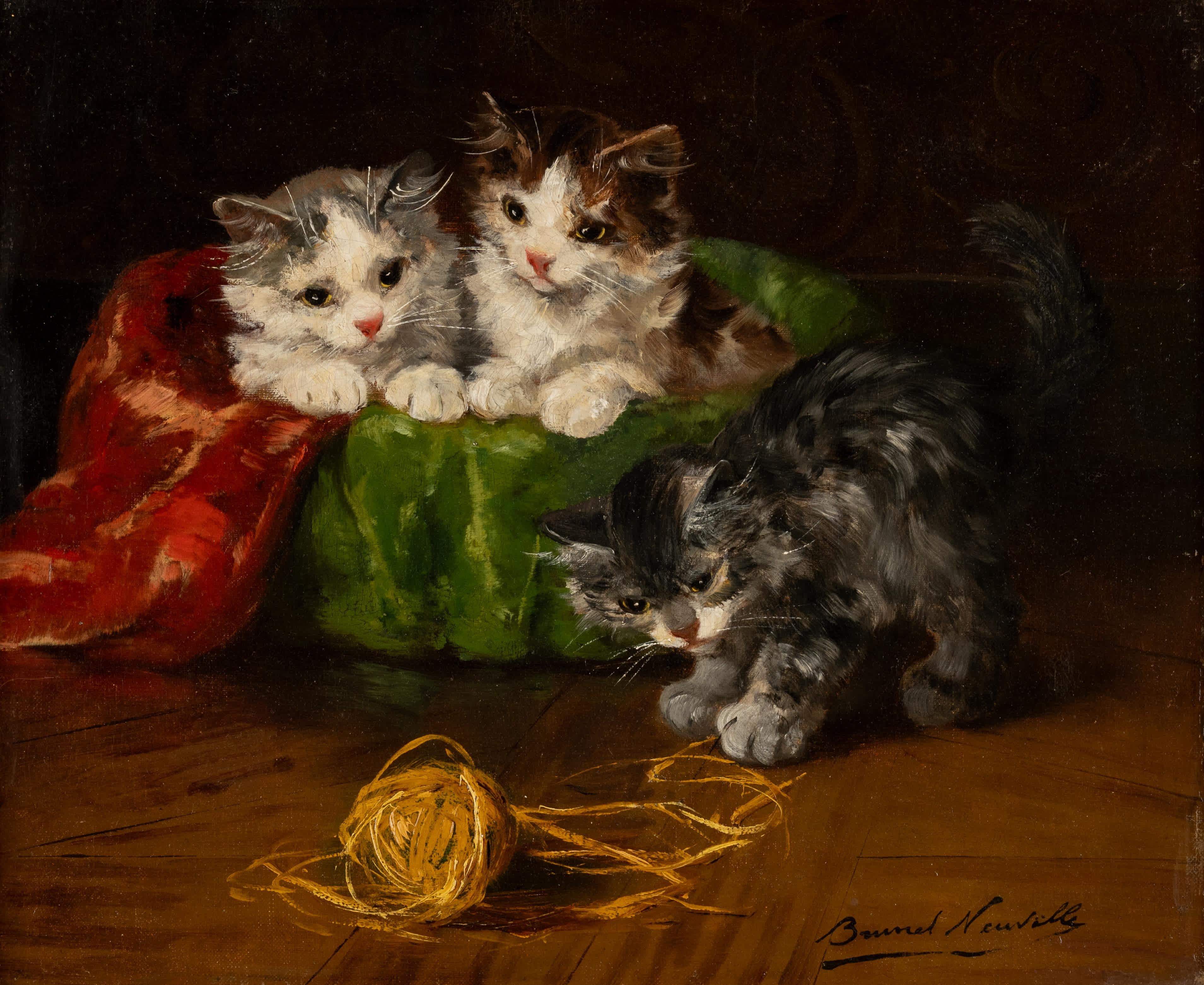 Tres gatitos con ovillo de lana - Painting de Alfred Arthur Brunel De Neuville