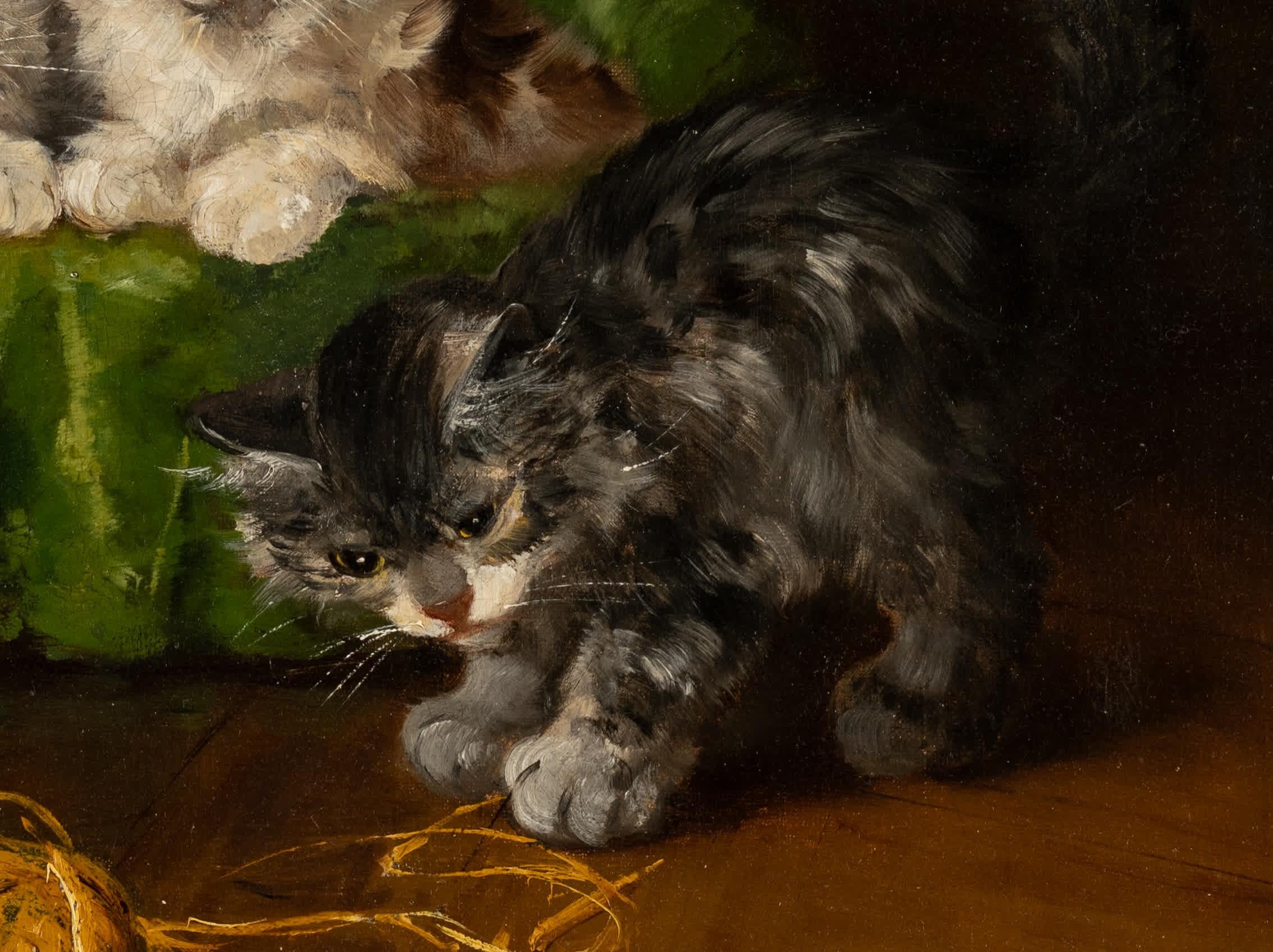 Tres gatitos con ovillo de lana - Painting Impresionista de Alfred Arthur Brunel De Neuville