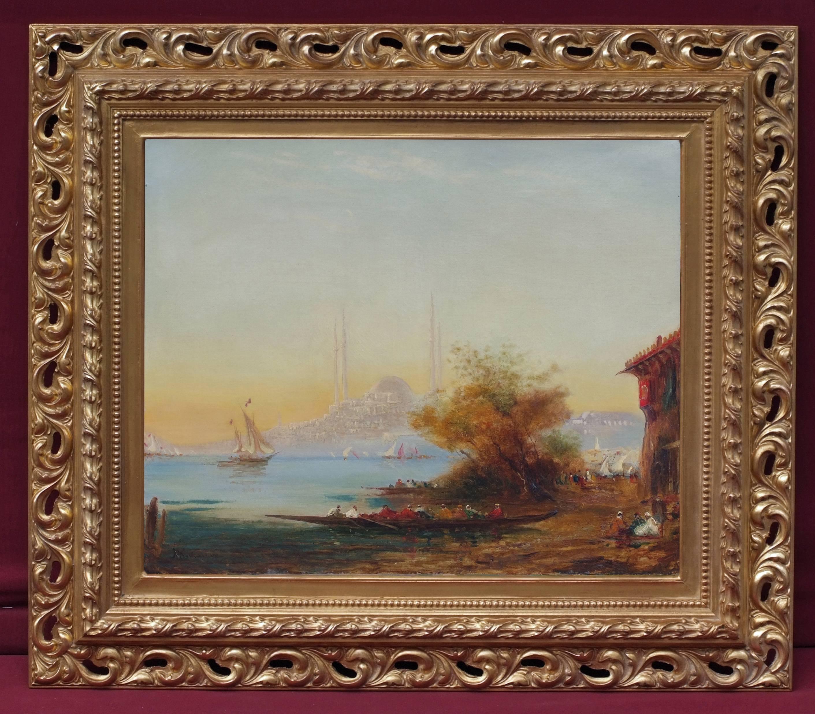 Alfred August Felix Bachman Landscape Painting - Lively view of Istambul Ste Sophie