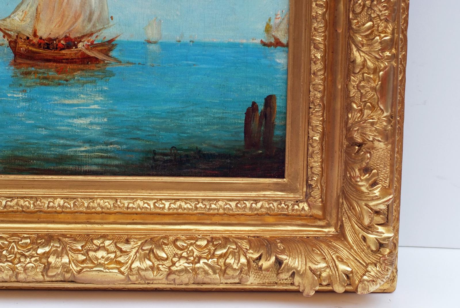 BACHMANN Alfred Félix August (1863-1956) 
Lagune von Venedig und Dogenpalast
Öl auf Leinwand signiert Low Right
Rahmen vergoldet mit Blättern  
Abmessung Leinwand : 73 X 54 cm  Maße Rahmen : 78 X 95 cm 
  
BACHMANN Alfred Félix August (1863-1956) 