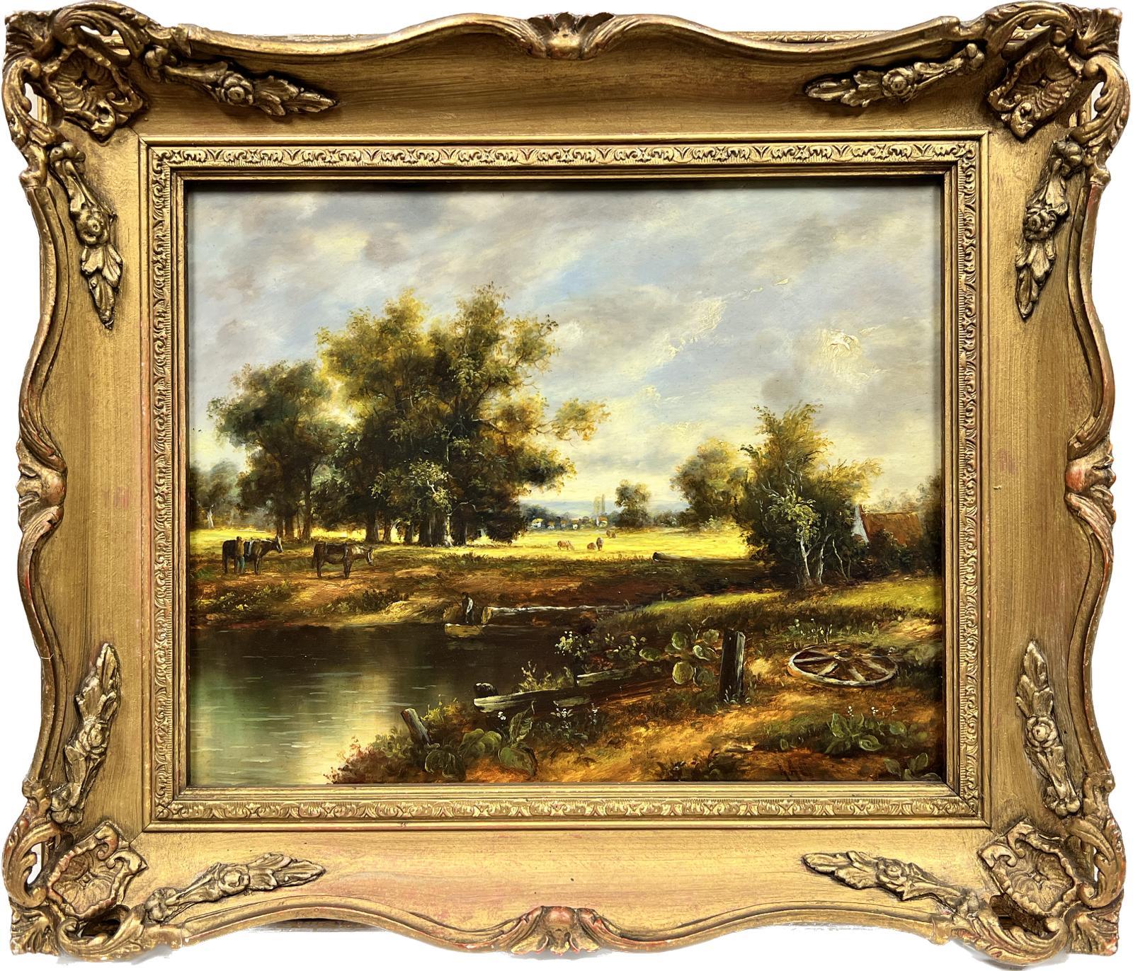 Alfred Augustus Glendening Landscape Painting - Victorian Rural Landscape English Oil Painting Pastoral Meadows Animals & Pond