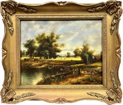 Antique Victorian Rural Landscape English Oil Painting Pastoral Meadows Animals & Pond