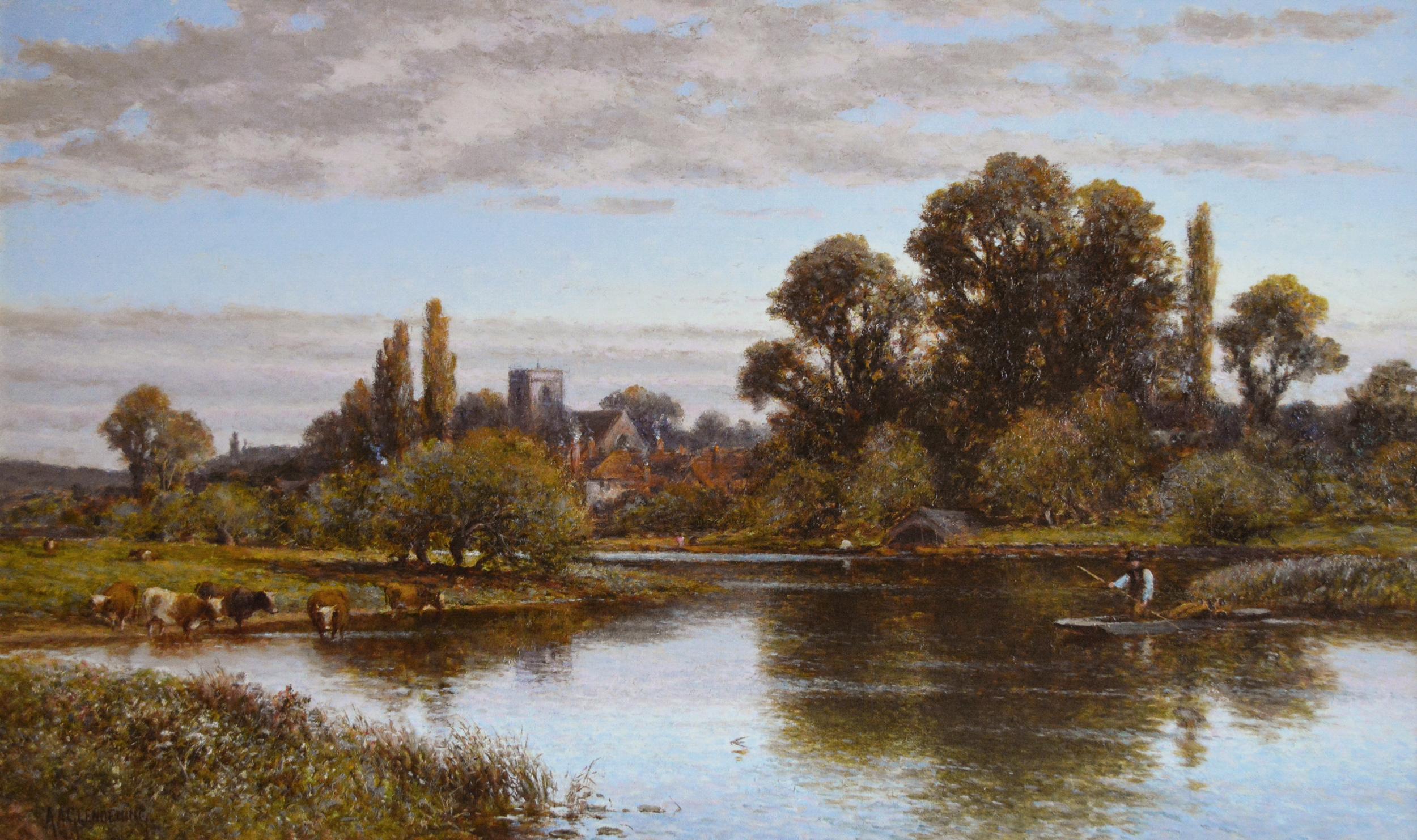 19th Century landscape oil painting of a church by the River Thames - Painting by Alfred Augustus Glendening Snr